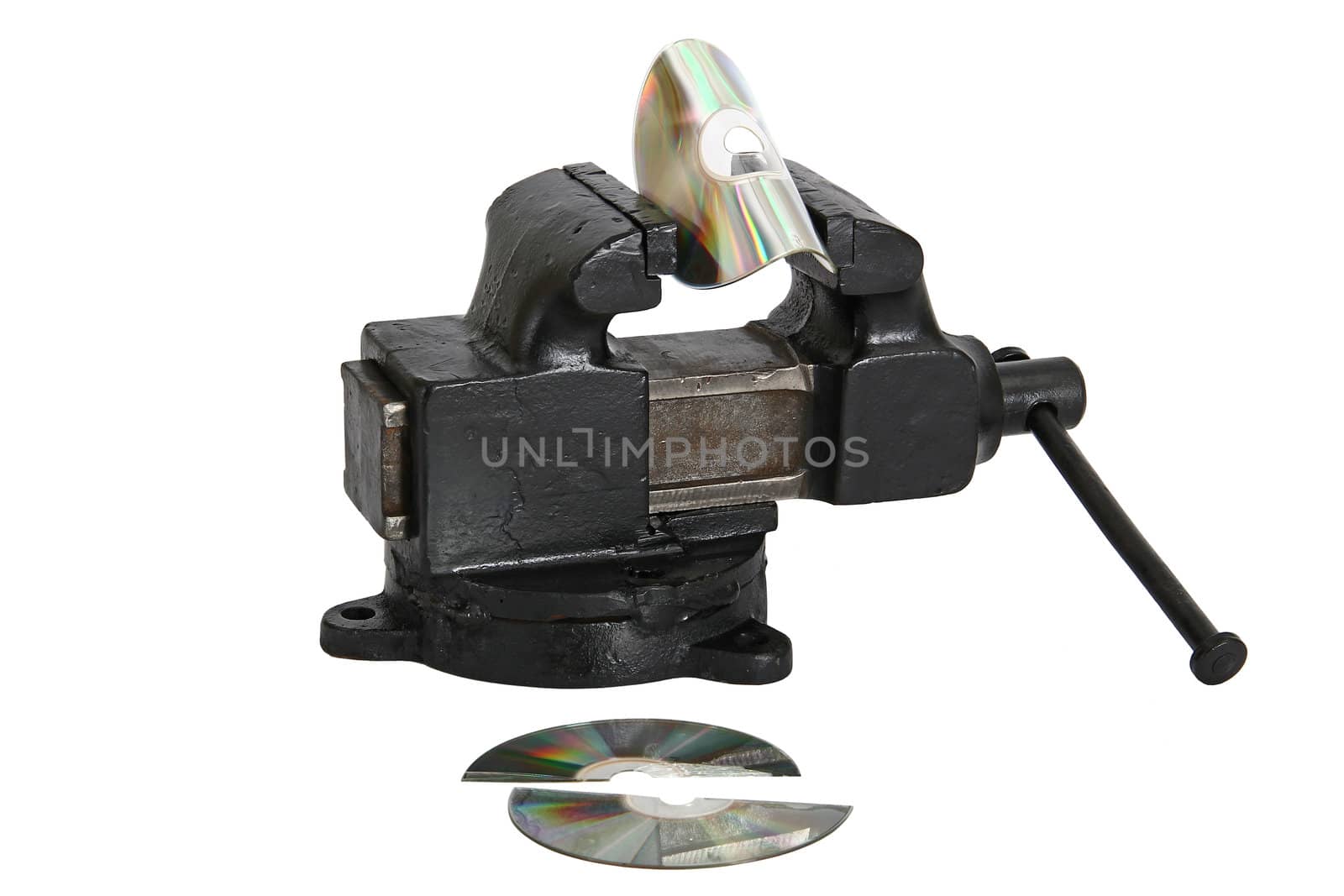 cd disk in vise, isolated on a white background