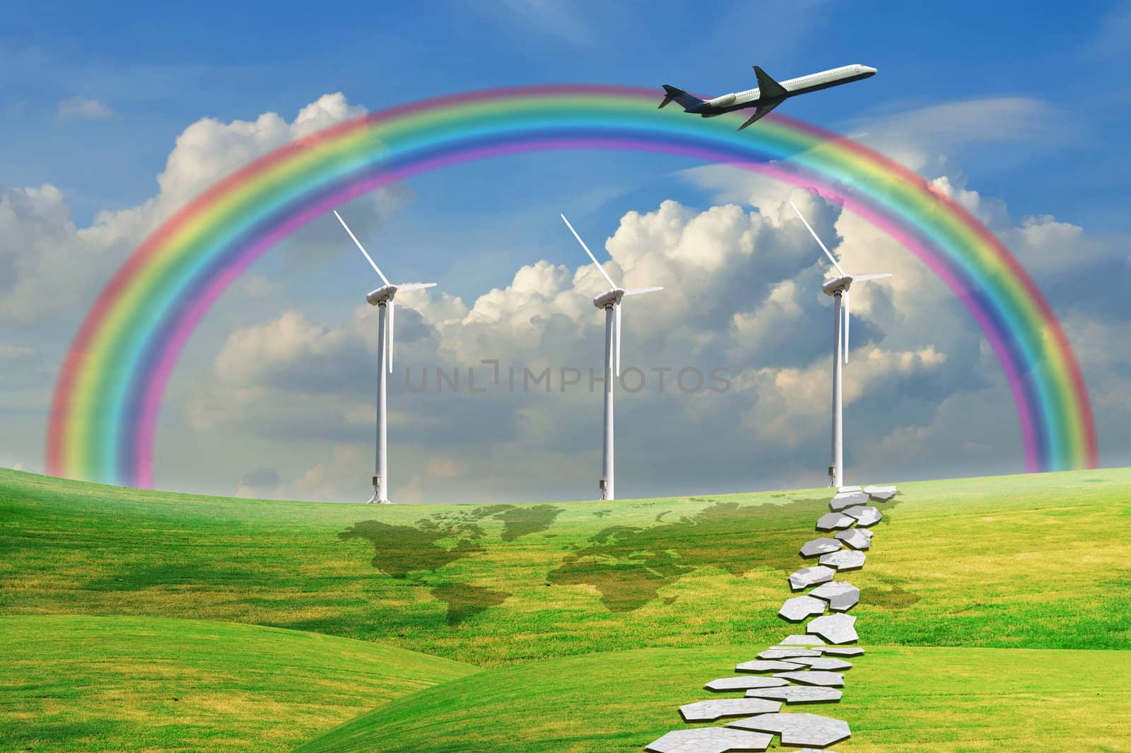 Airplane flying over green field with blue sky and turbine power generator