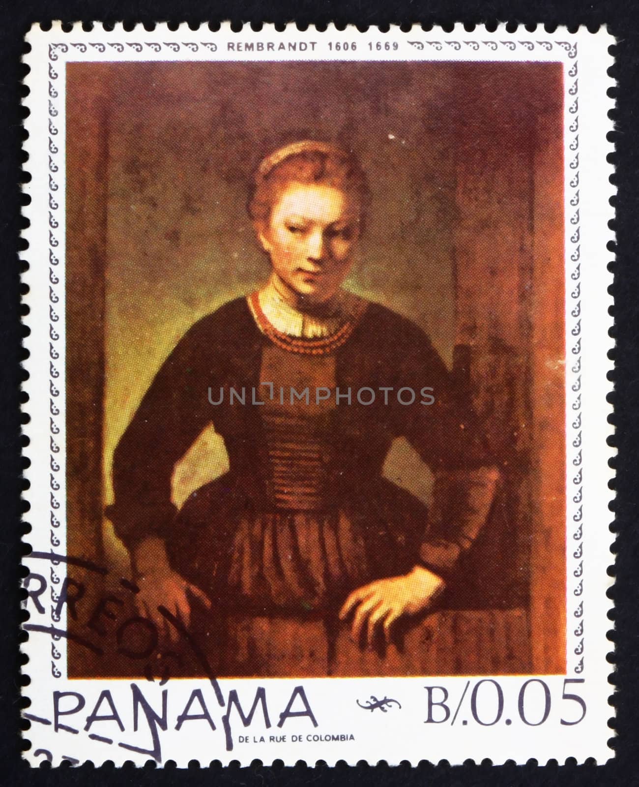 PANAMA - CIRCA 1967: a stamp printed in the Panama shows Maiden in the Doorway, Painting by Rembrandt, circa 1967