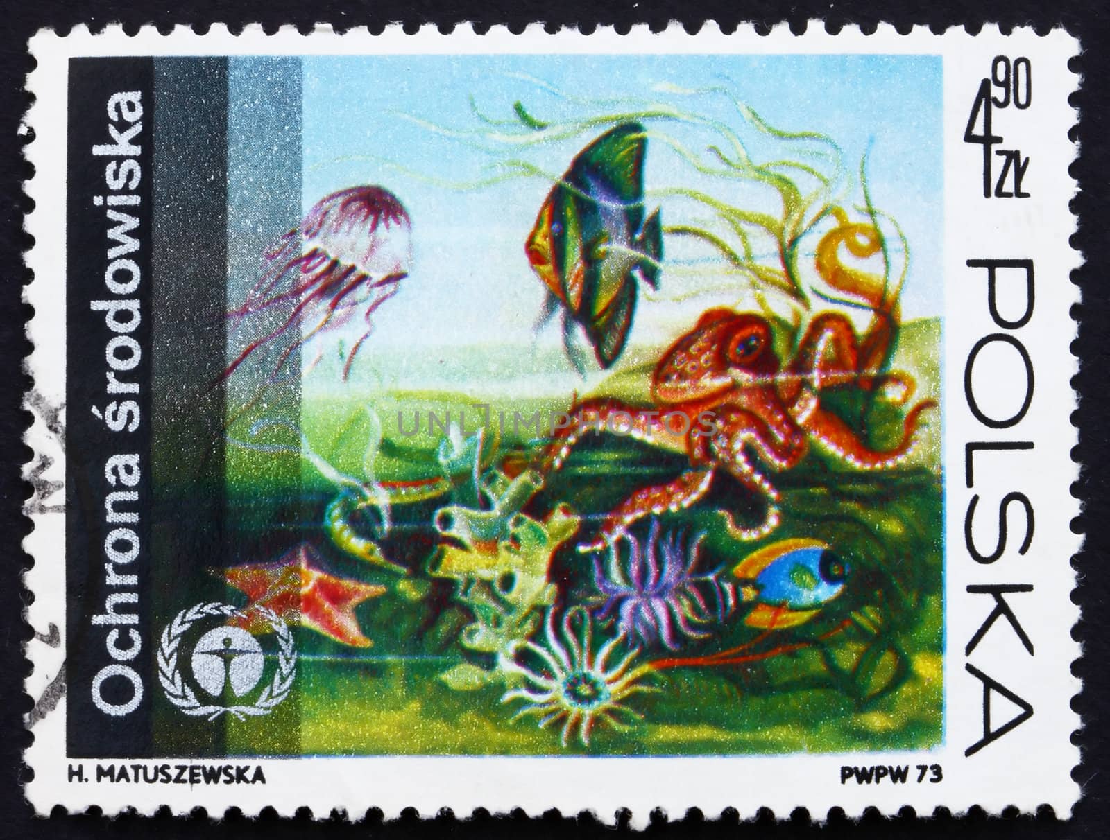 POLAND - CIRCA 1973: a stamp printed in the Poland shows Underwater Fauna and Flora, Protection of the Environment, circa 1973