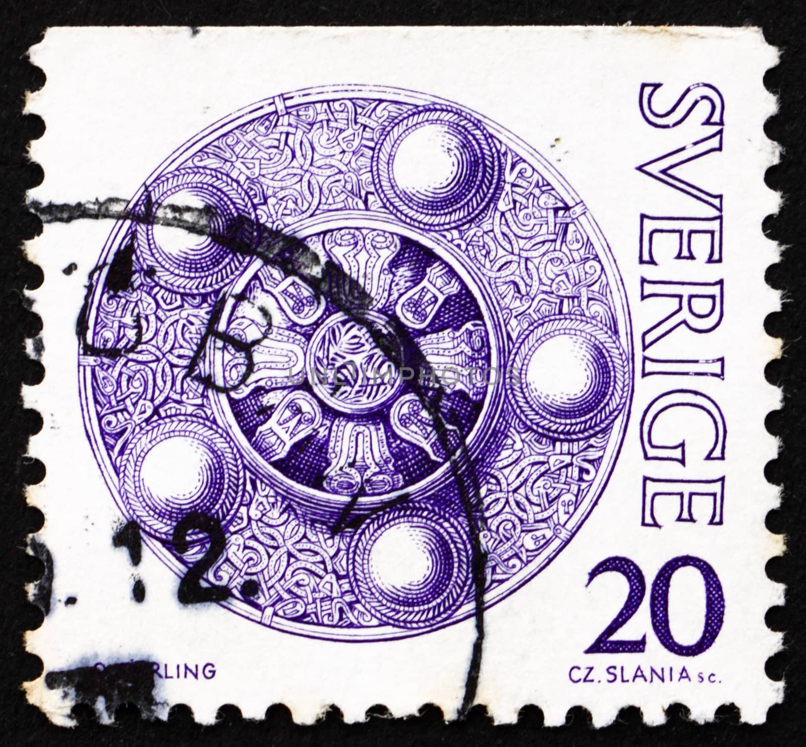 SWEDEN - CIRCA 1975: a stamp printed in the Sweden shows Shield Buckle, Treasures from Vendel Period, circa 1975