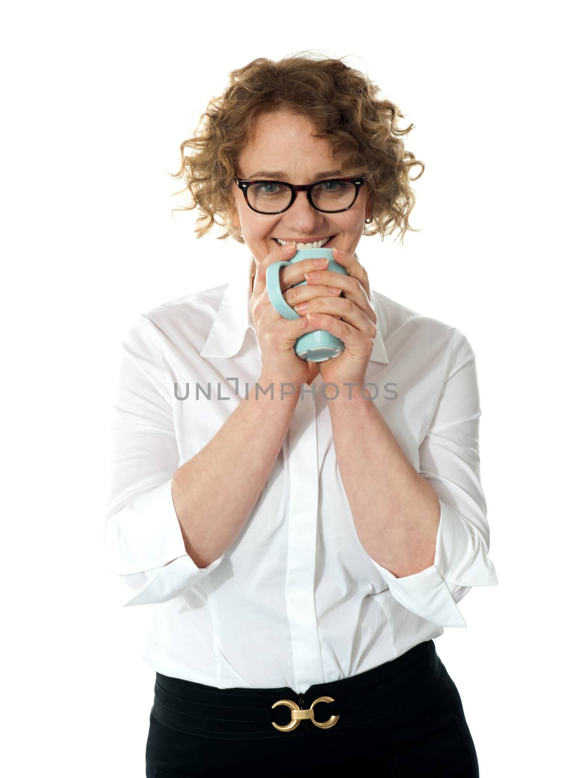 Female executive drinking coffee isolated over white background