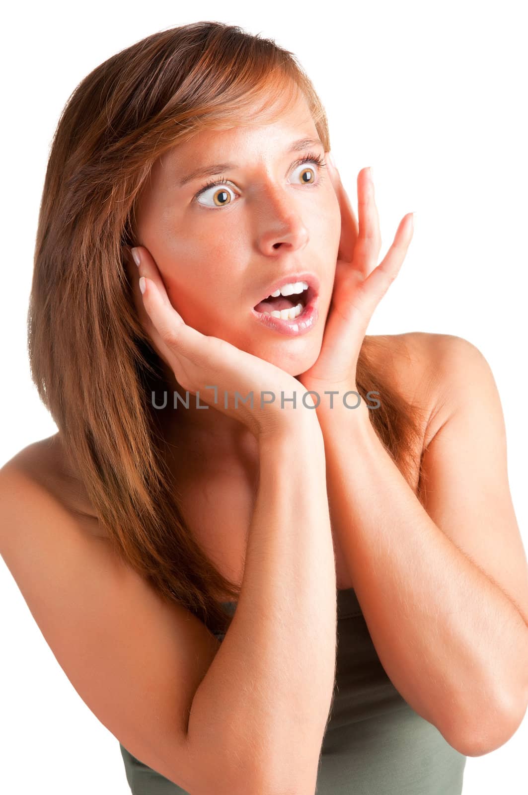 Surprised woman with her hands around her face, isolated in white
