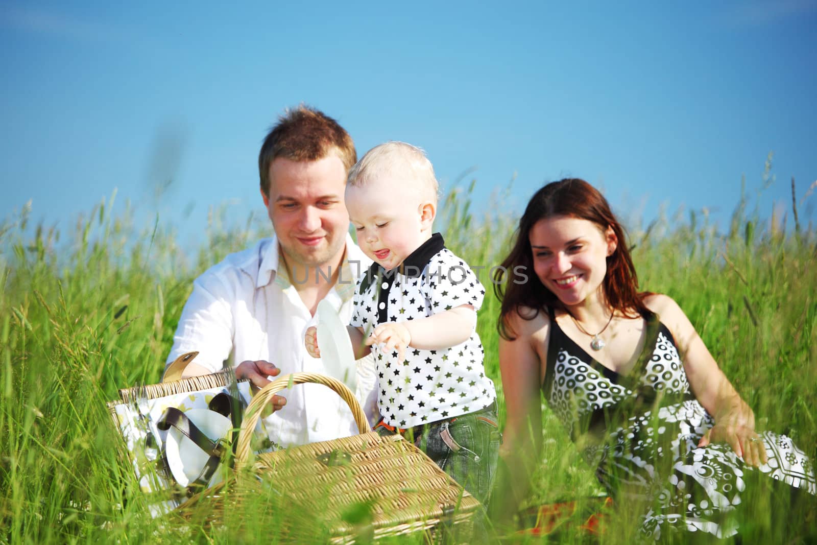  picnic of happy family on green grass