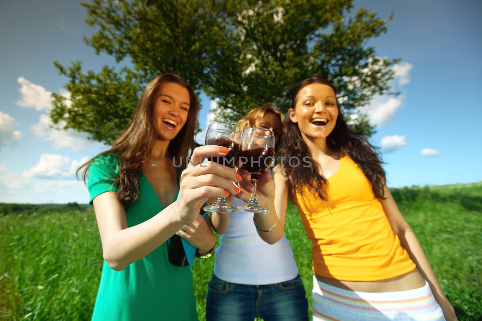 girlfriends on picnic in green grass