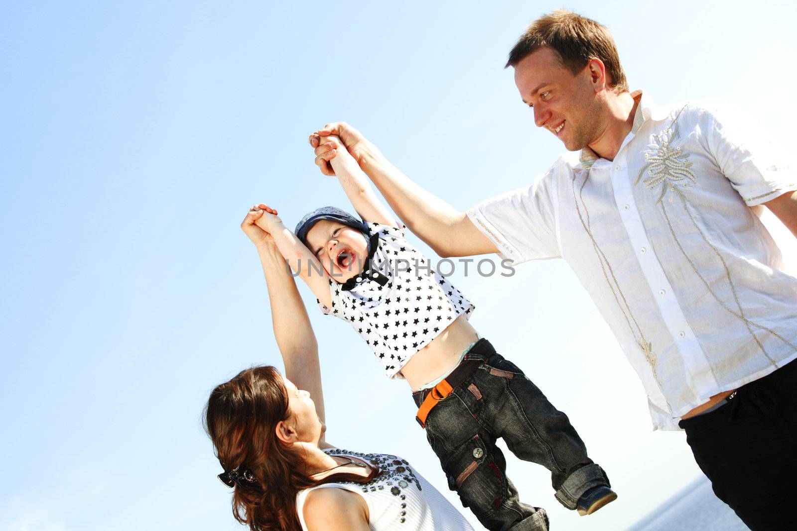 happy family blue sky on background