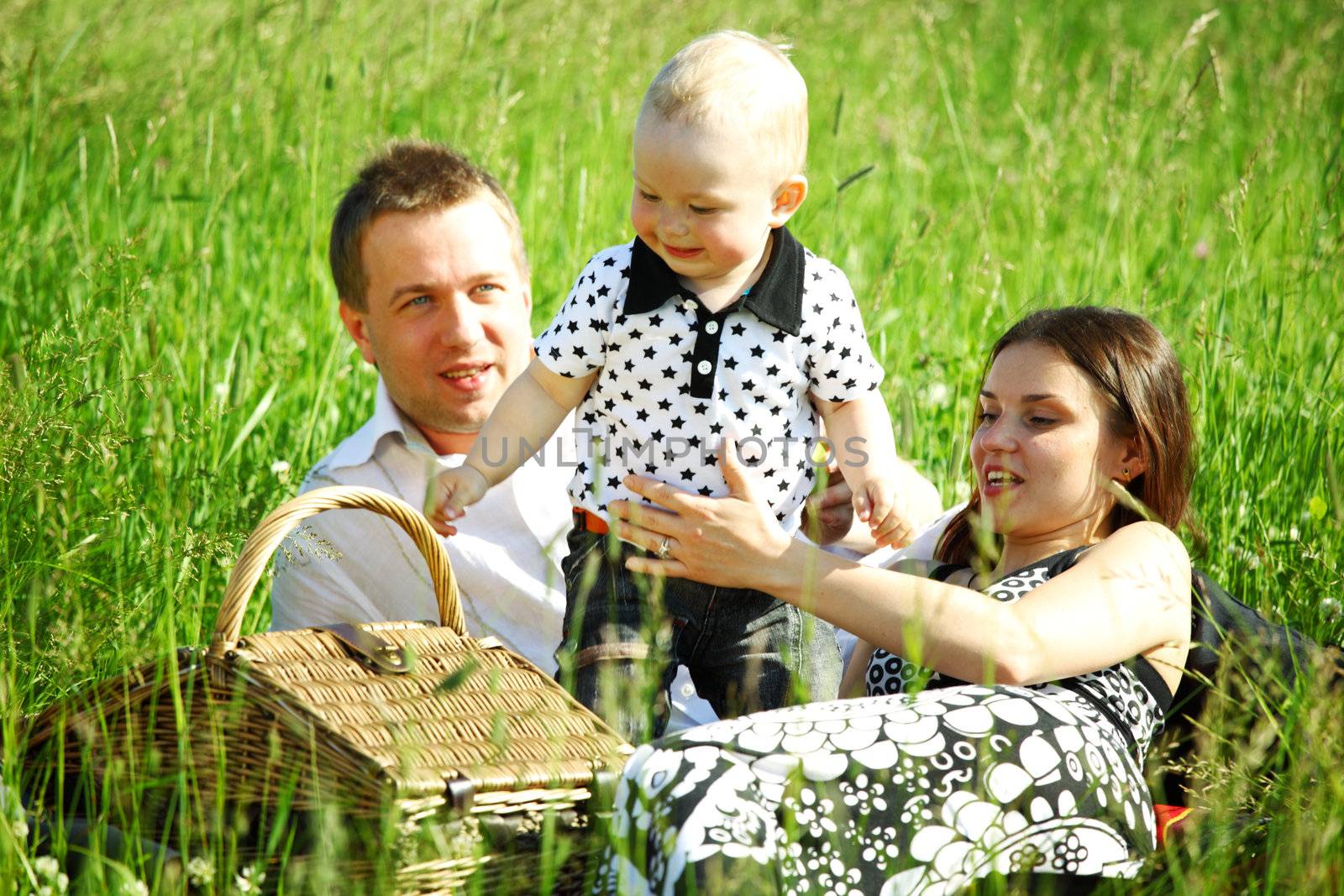  happy family on picnic in green grass