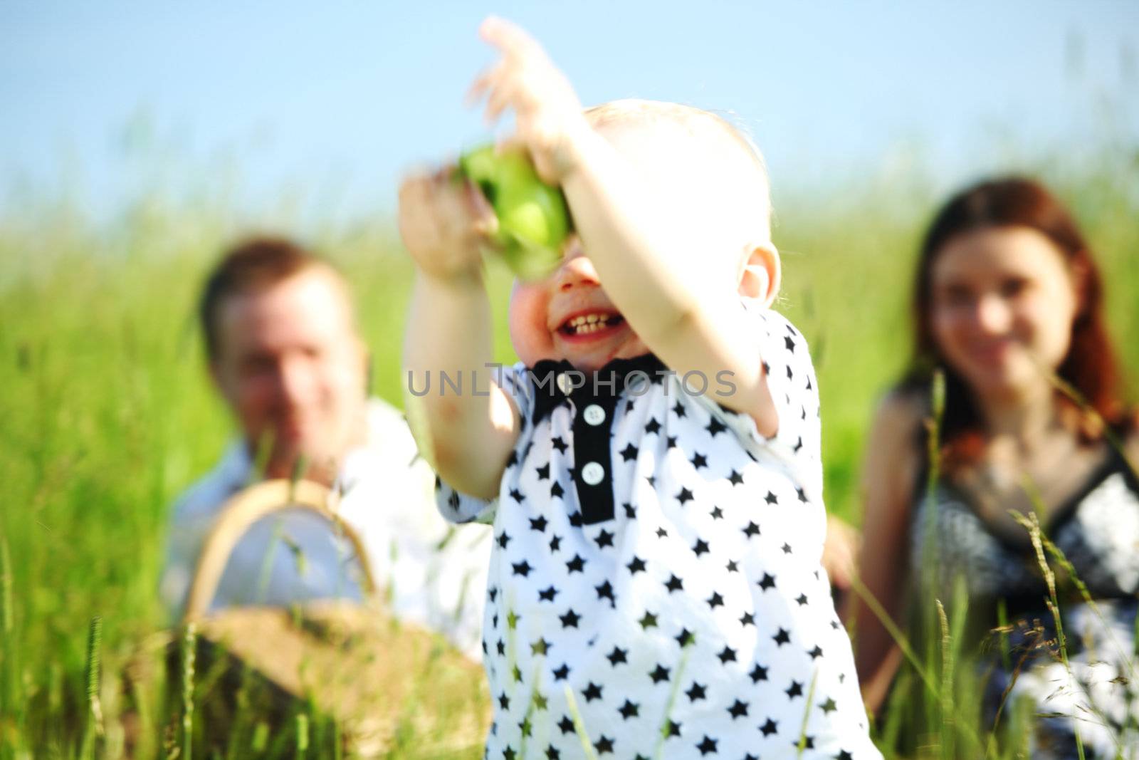  happy family on picnic in green grass