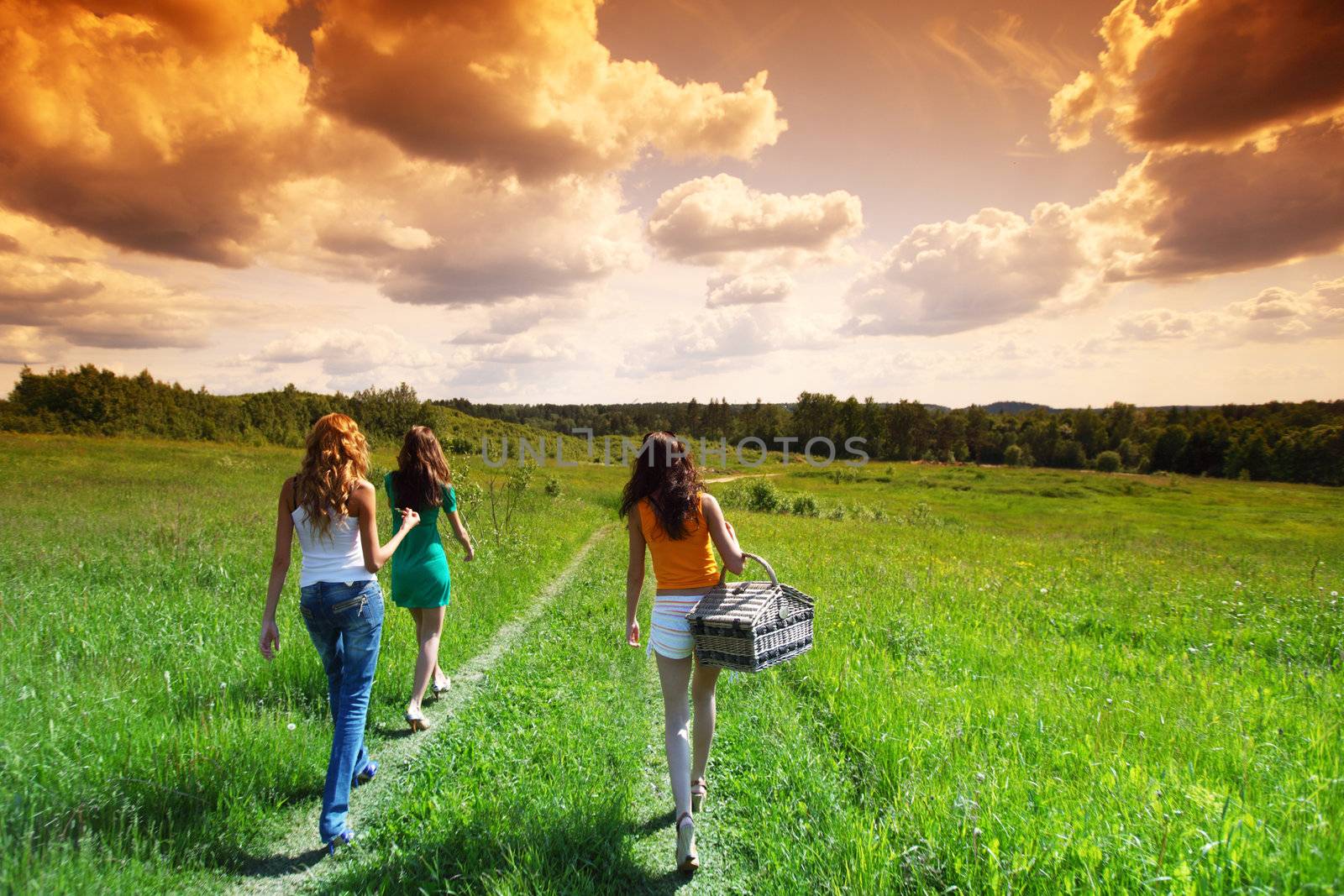 girlfriends on picnic in green grass field