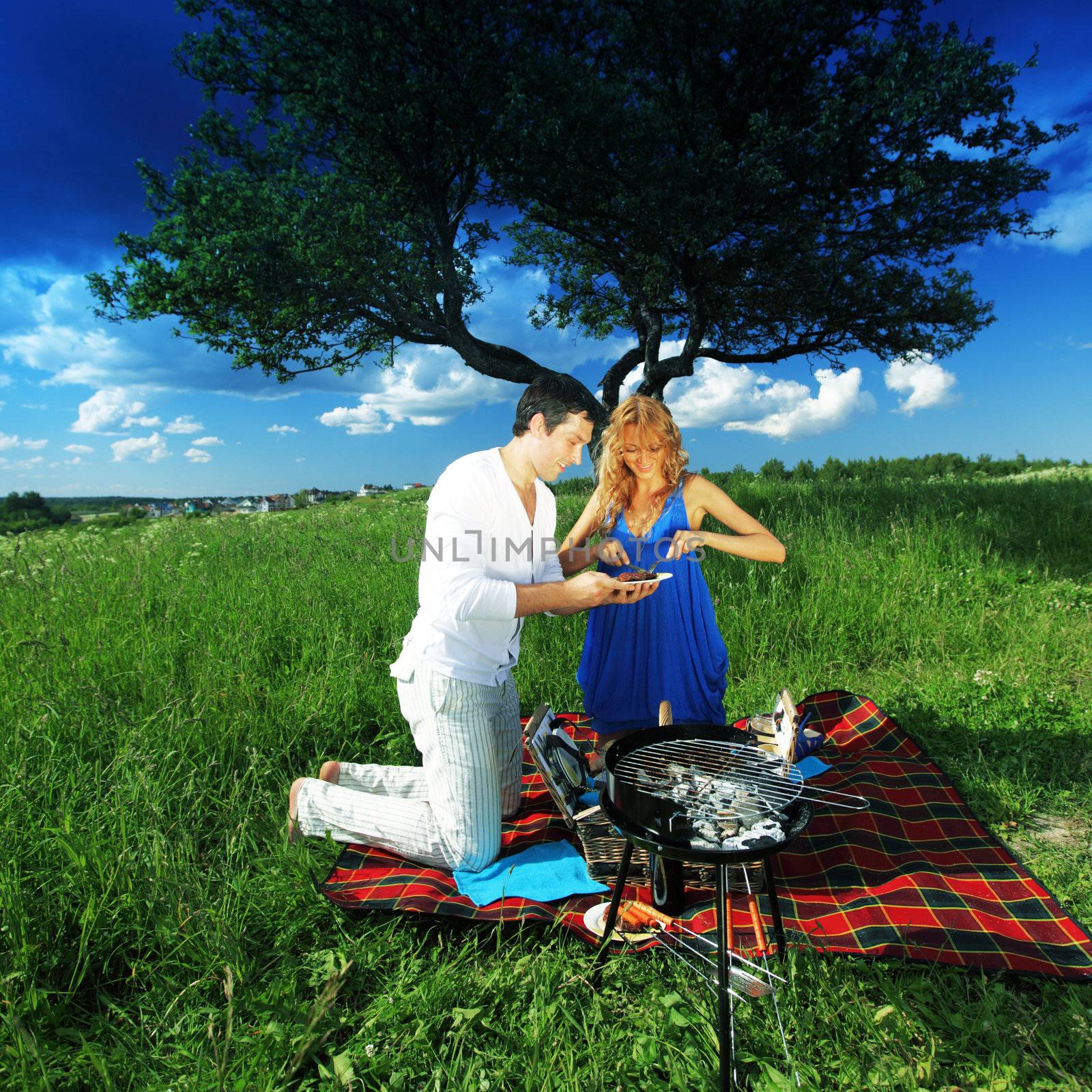 man and woman on picnic in green grass