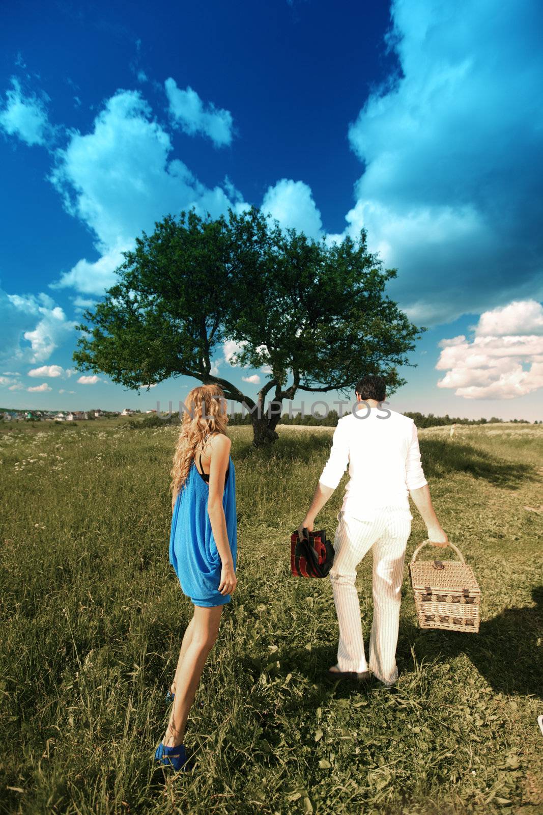 man and woman on picnic in green grass