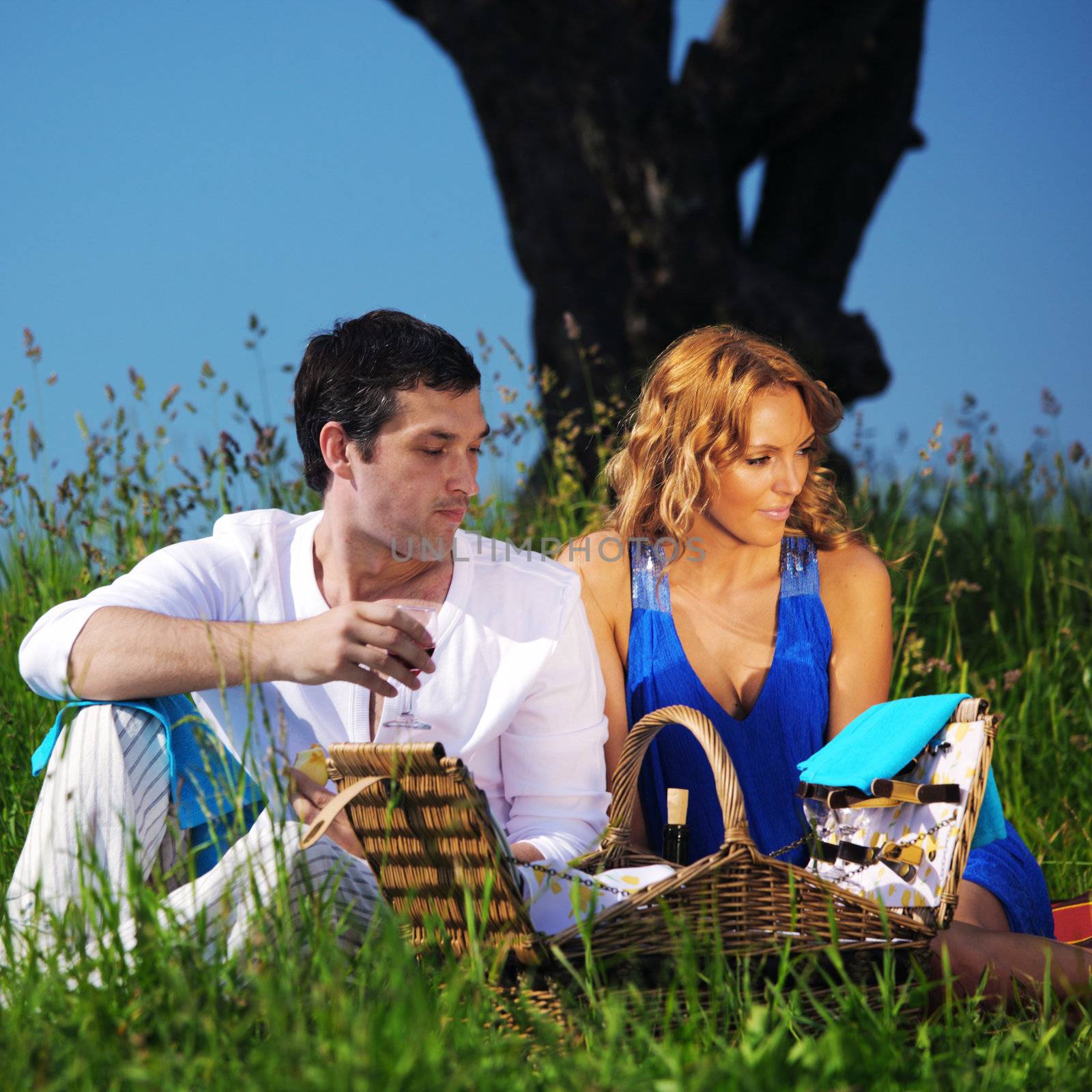 man and woman on picnic in green grass