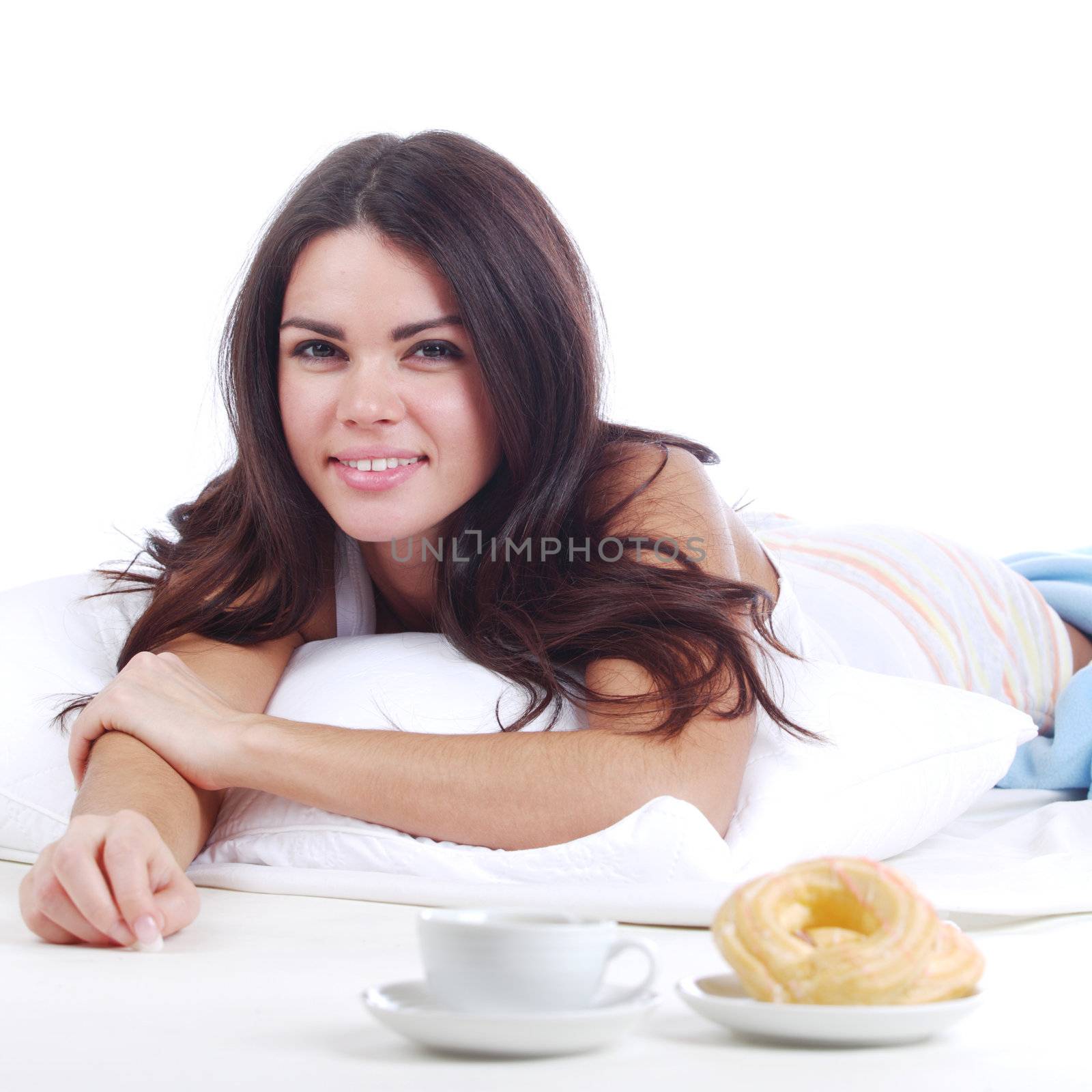 woman wake and see morning coffee