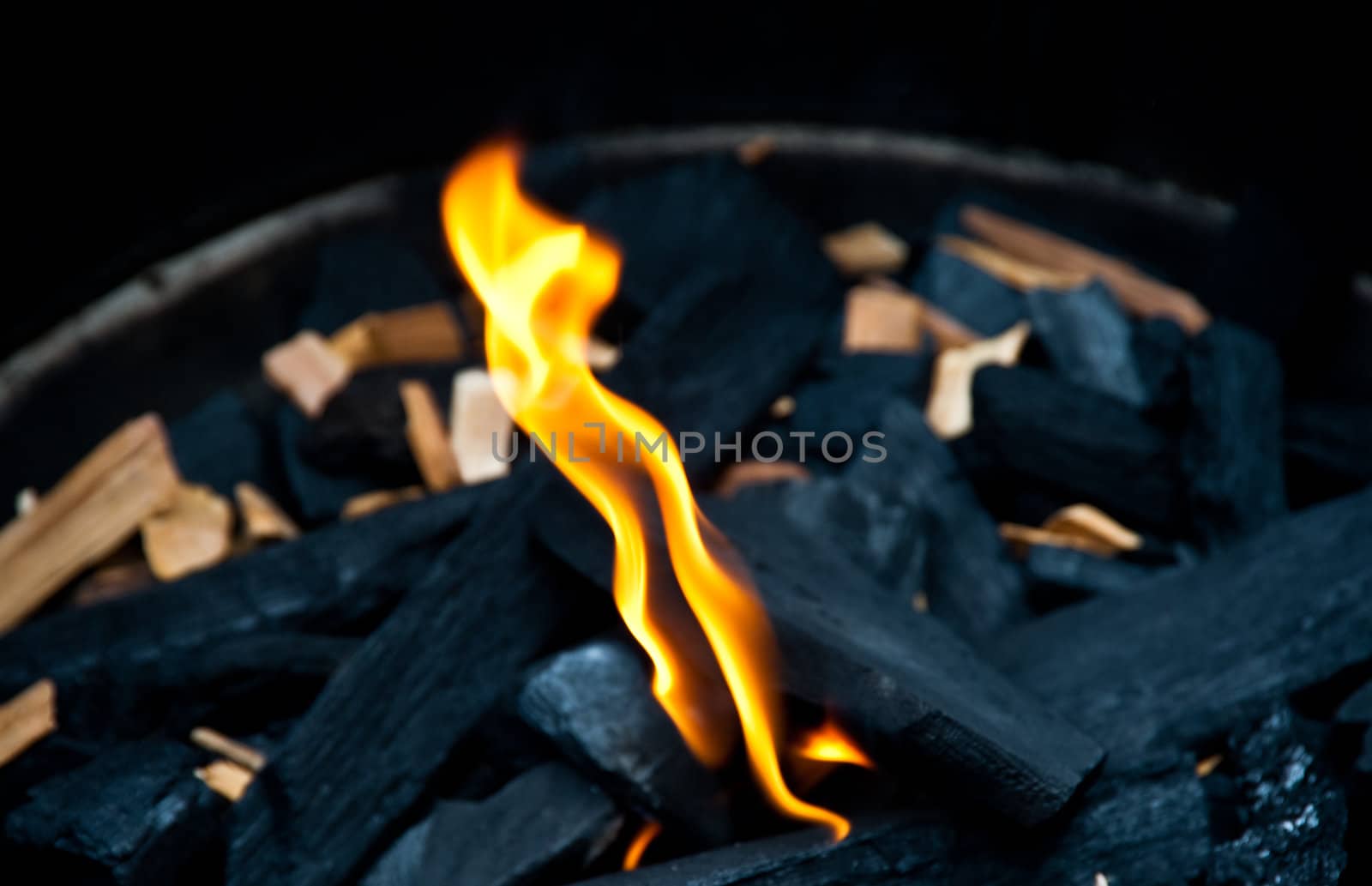 Flame and charcoal in a bbq grill