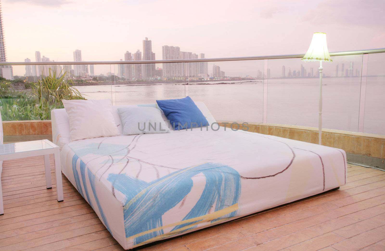 Cozy outdoor bedroom in the sunset