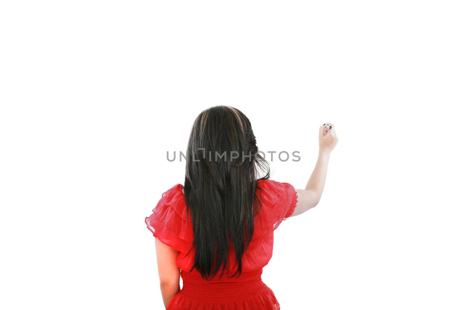 A business woman writing something isolated on white background.