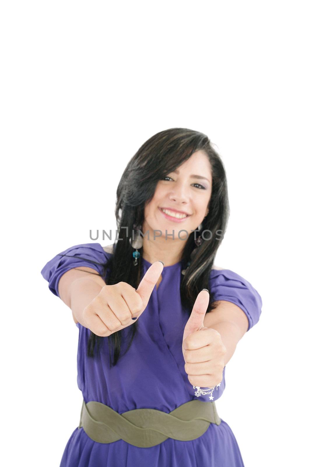 Smiling woman with thumbs up. Focus in the hands by dacasdo