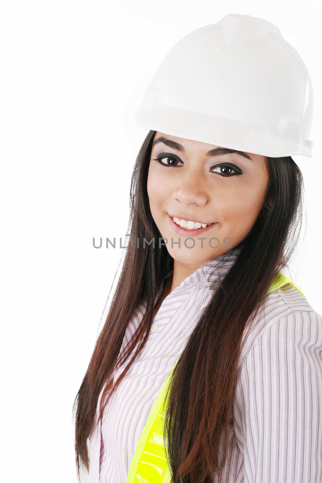 Engineer woman in white helmet isolated on white background by dacasdo