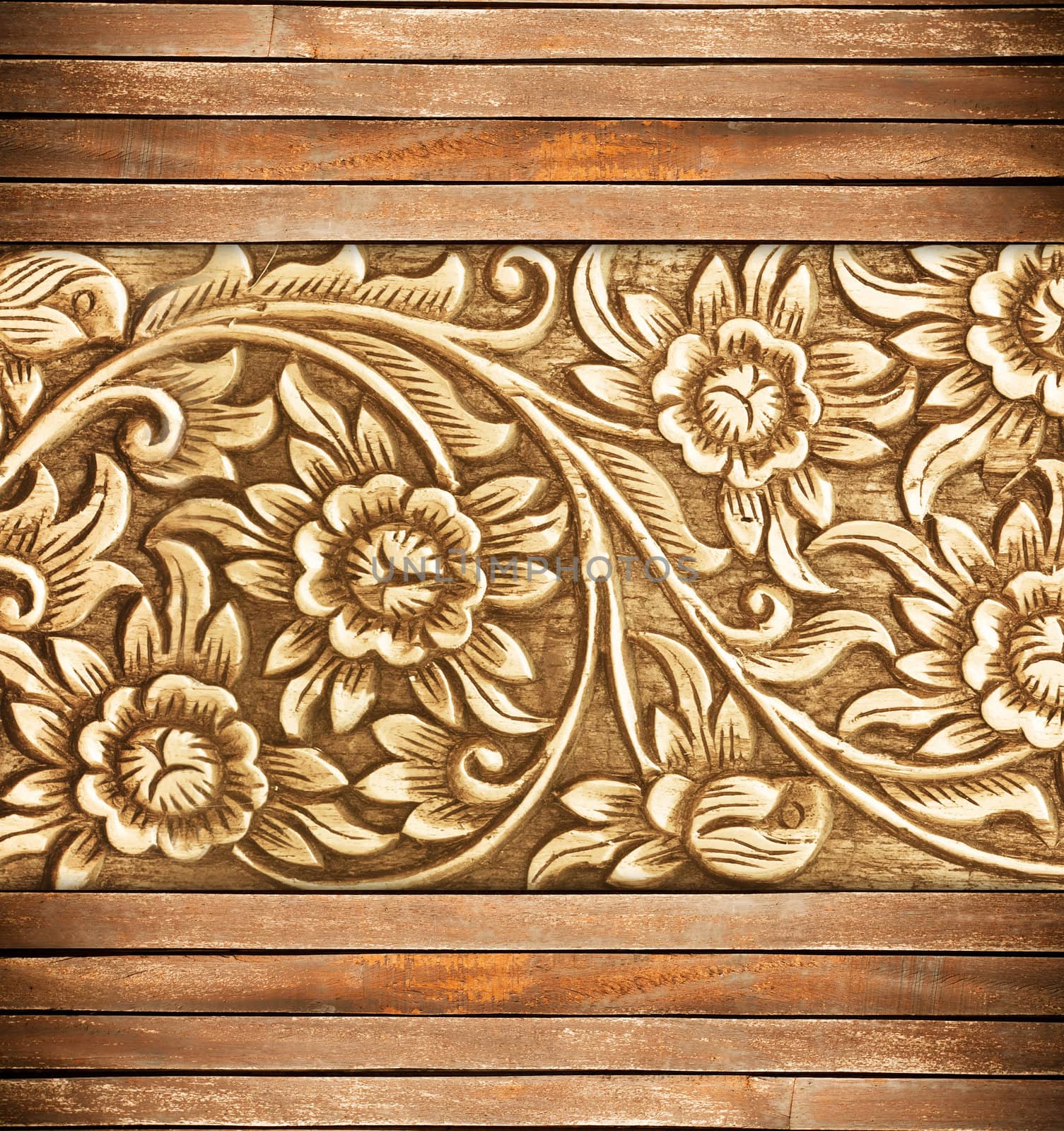 Pattern of wood frame carve flower on wood background