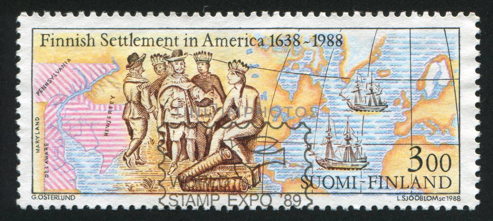 FINLAND - CIRCA 1988: stamp printed by Finland, shows Settlement of New Sweden in America, circa 1988
