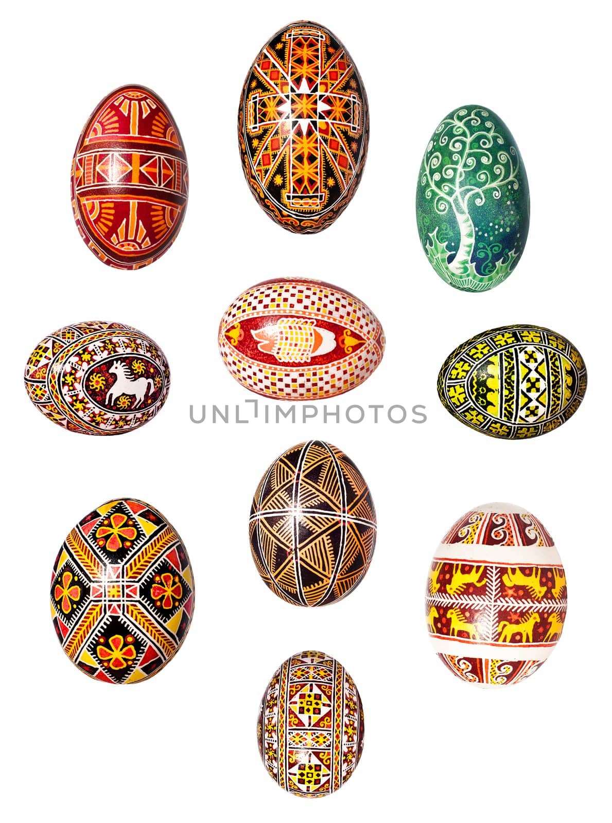 Set of Colorful Ukrainian Easter Eggs isolated on white