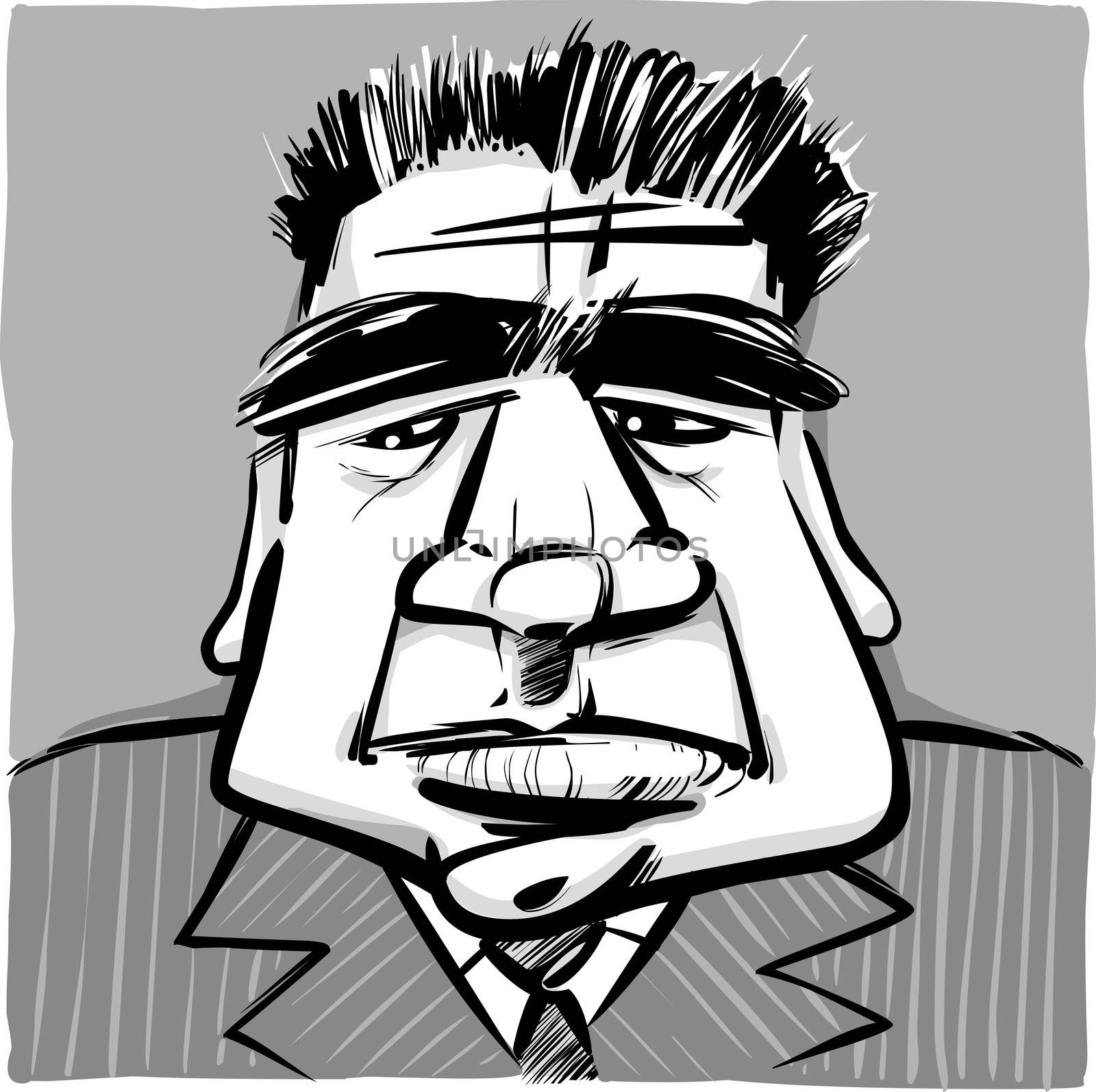 sketch caricature illustration of dour man in suit