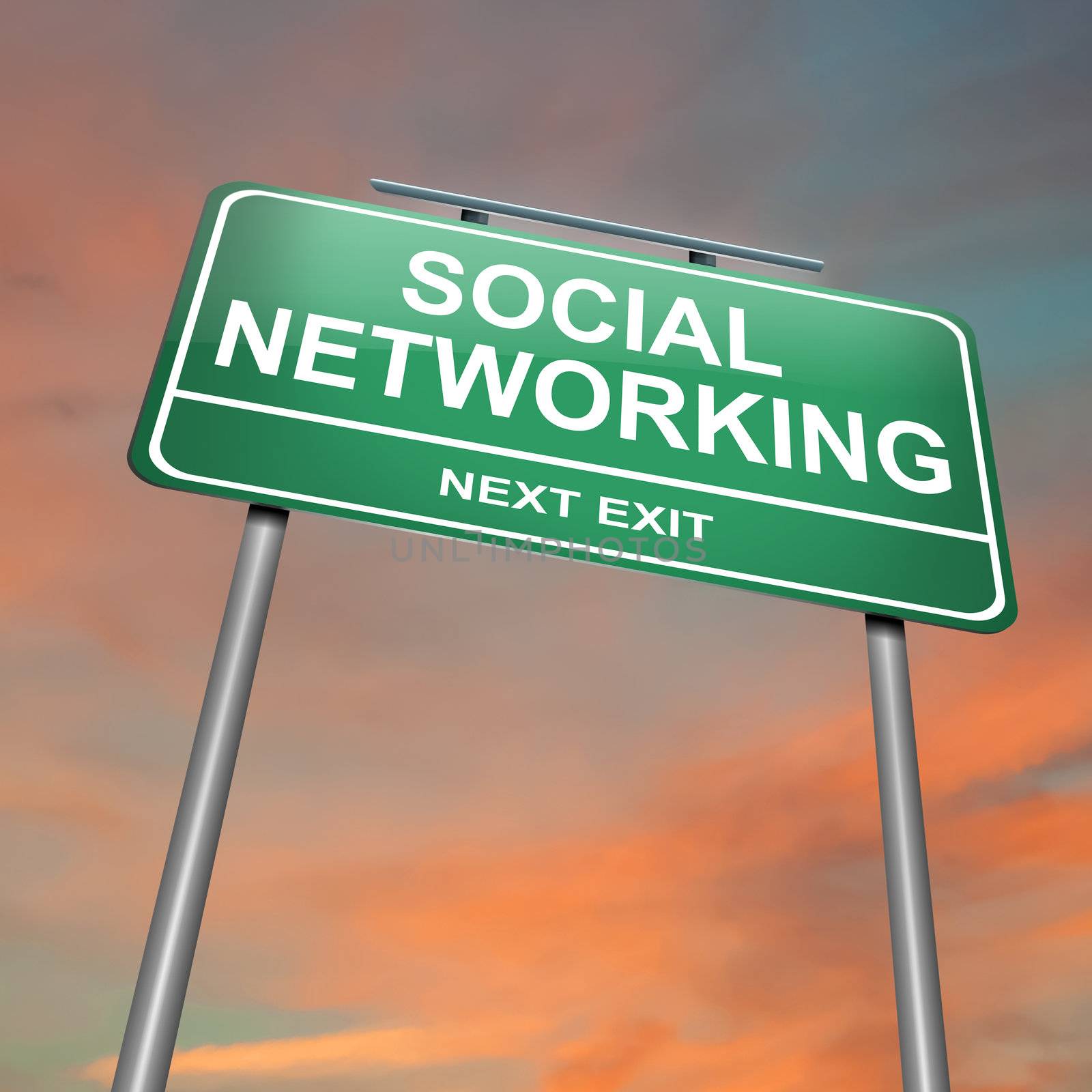 Illustration depicting a green roadsign with a social networking concept. Sunset sky background.