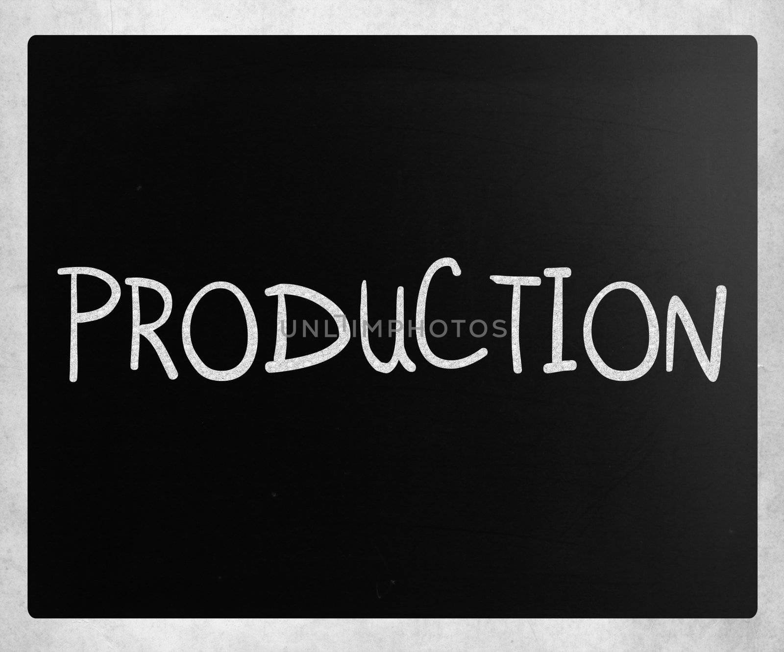 "Production" handwritten with white chalk on a blackboard