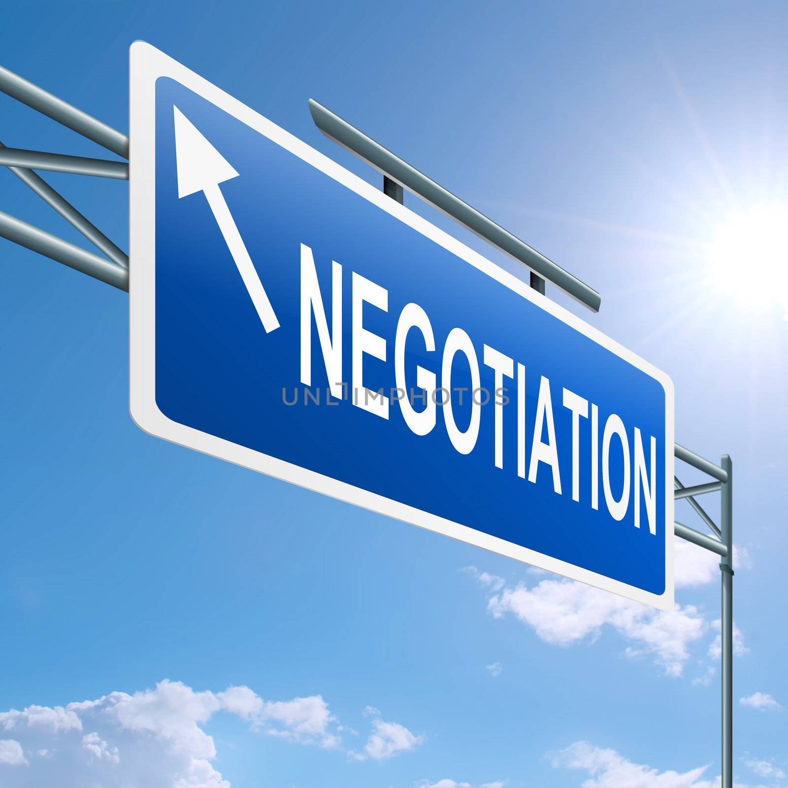 Illustration depicting a highway gantry sign with a negotiation concept. Blue sky background.