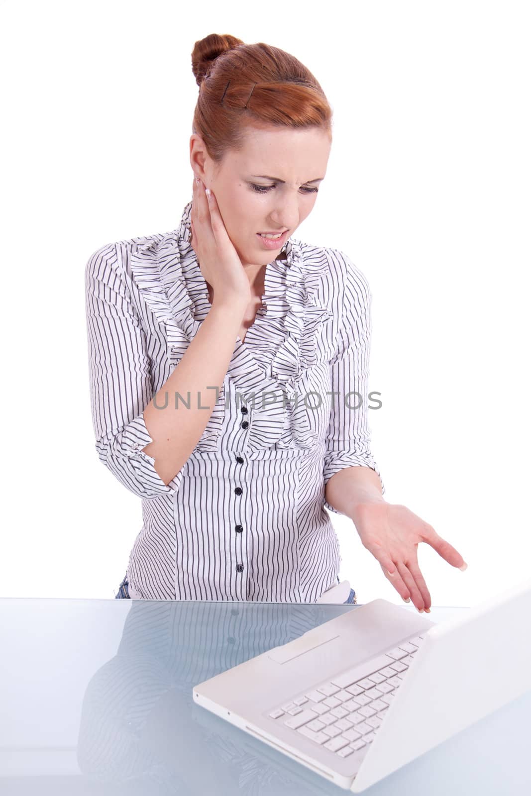 young business woman on computer with snack isolated on white
