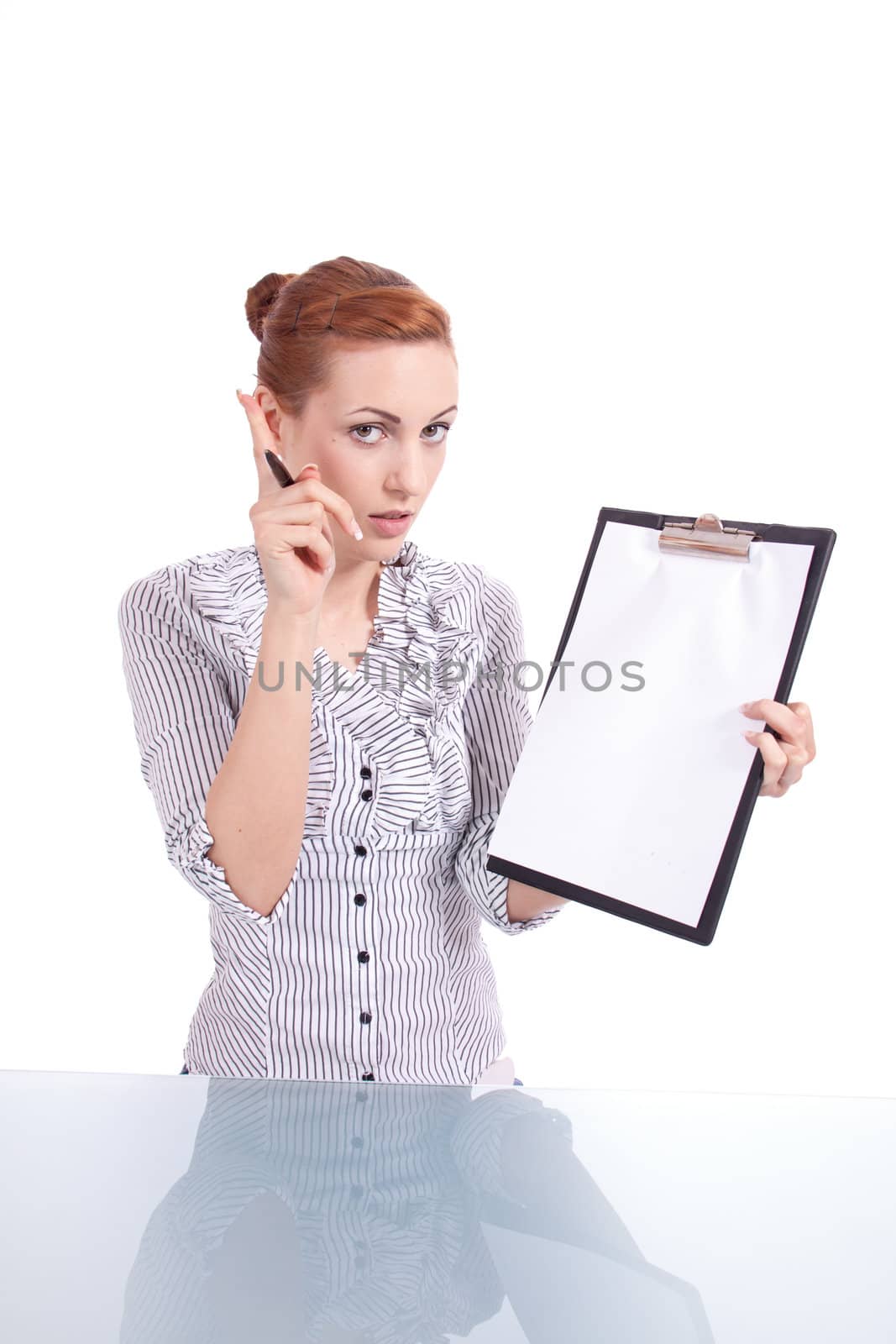 young business woman with clipboard isolated on white