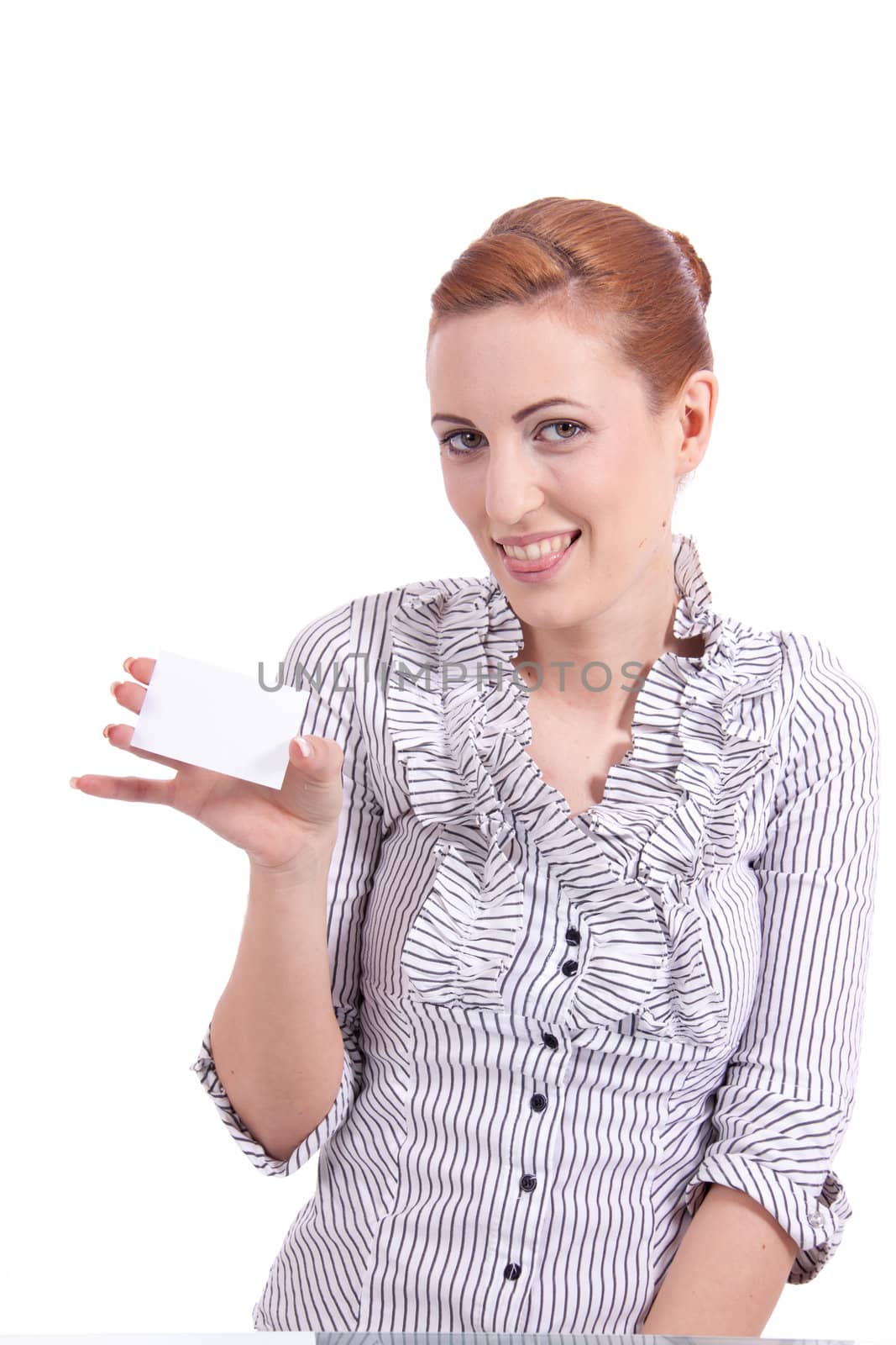 beautiful young girl is holding a blank card in hand isolated