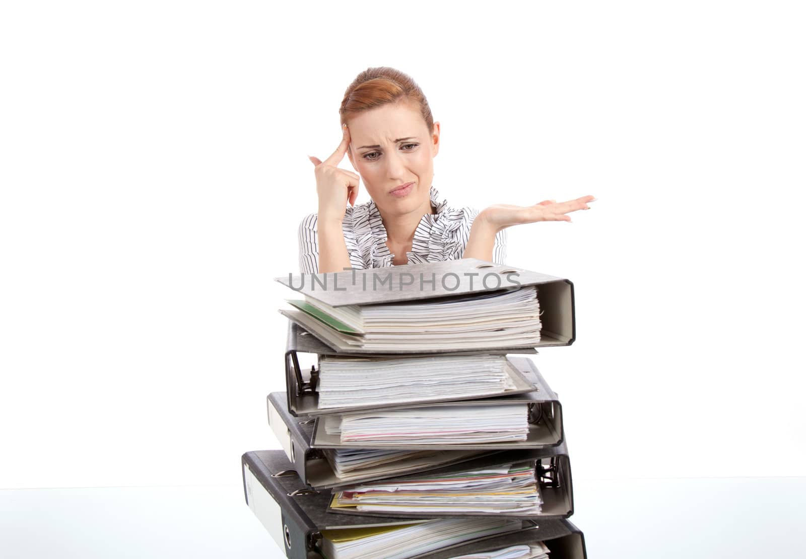 business woman in office looks at unbelievable folder stack by juniart