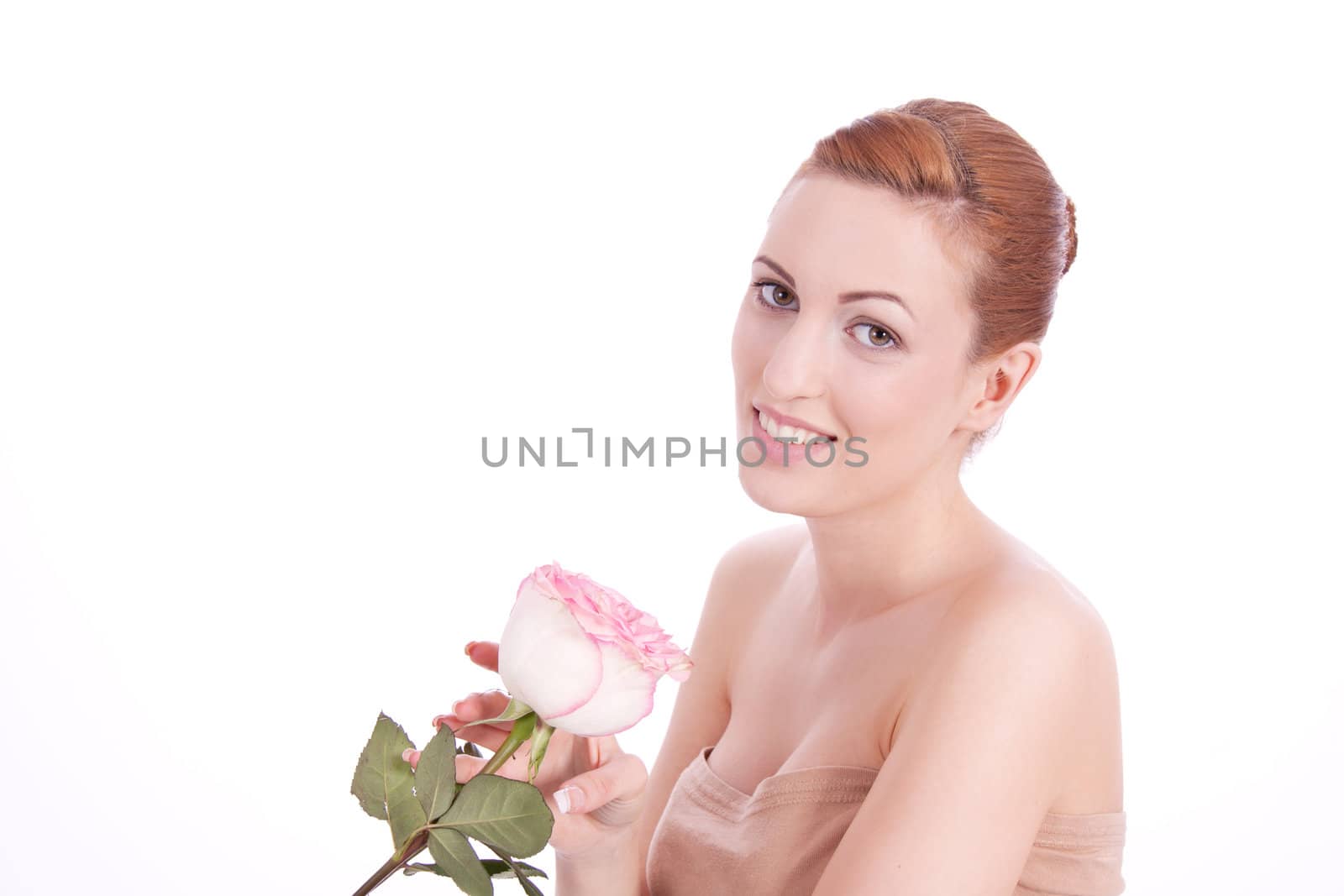 beautiful young woman holding pink rose isolated on white