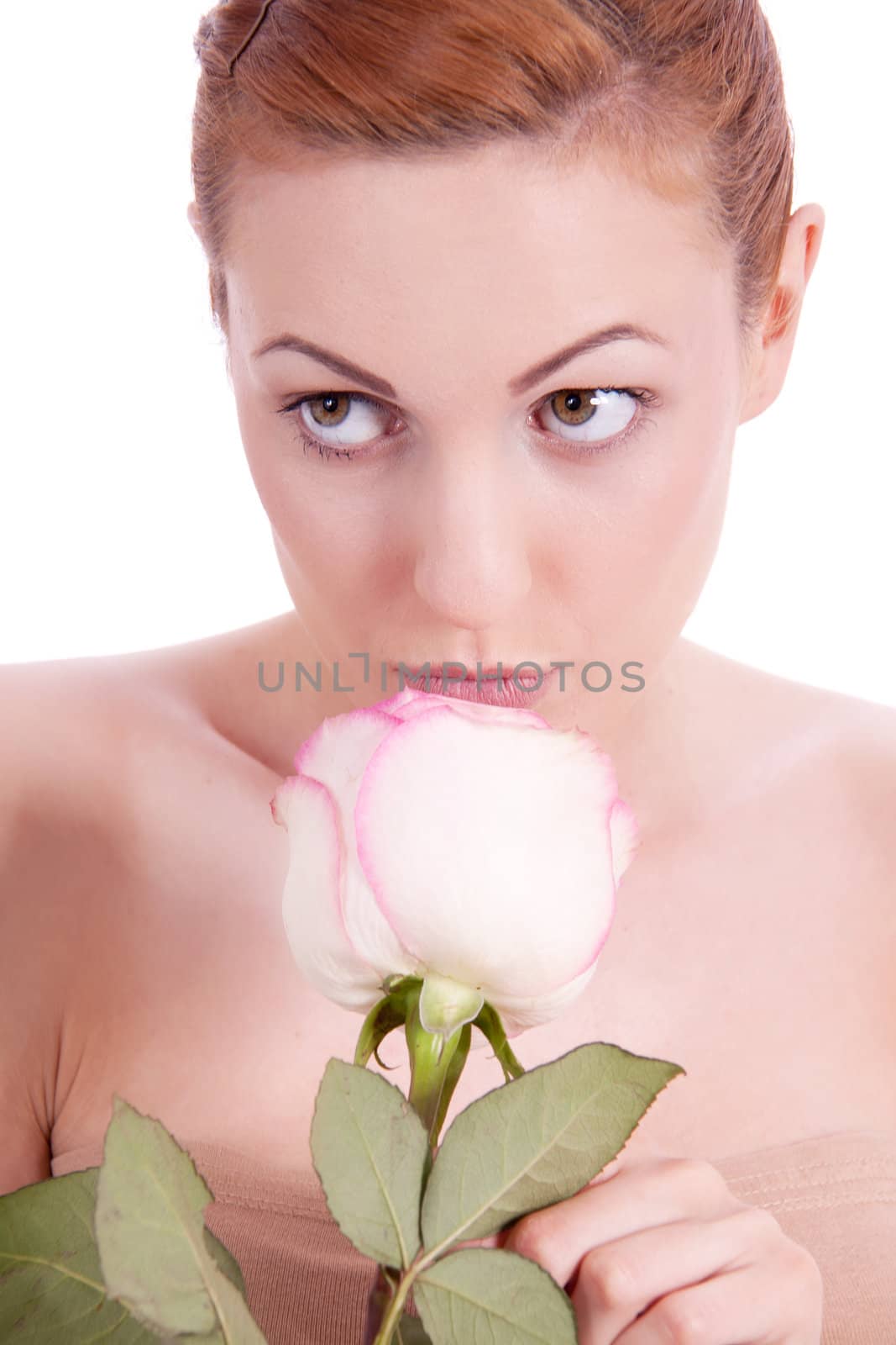 beautiful young woman holding pink rose isolated on white