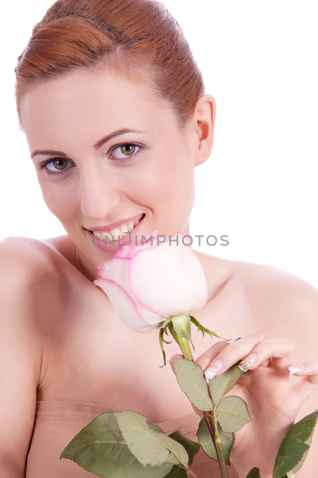 beautiful young woman holding pink rose isolated on white