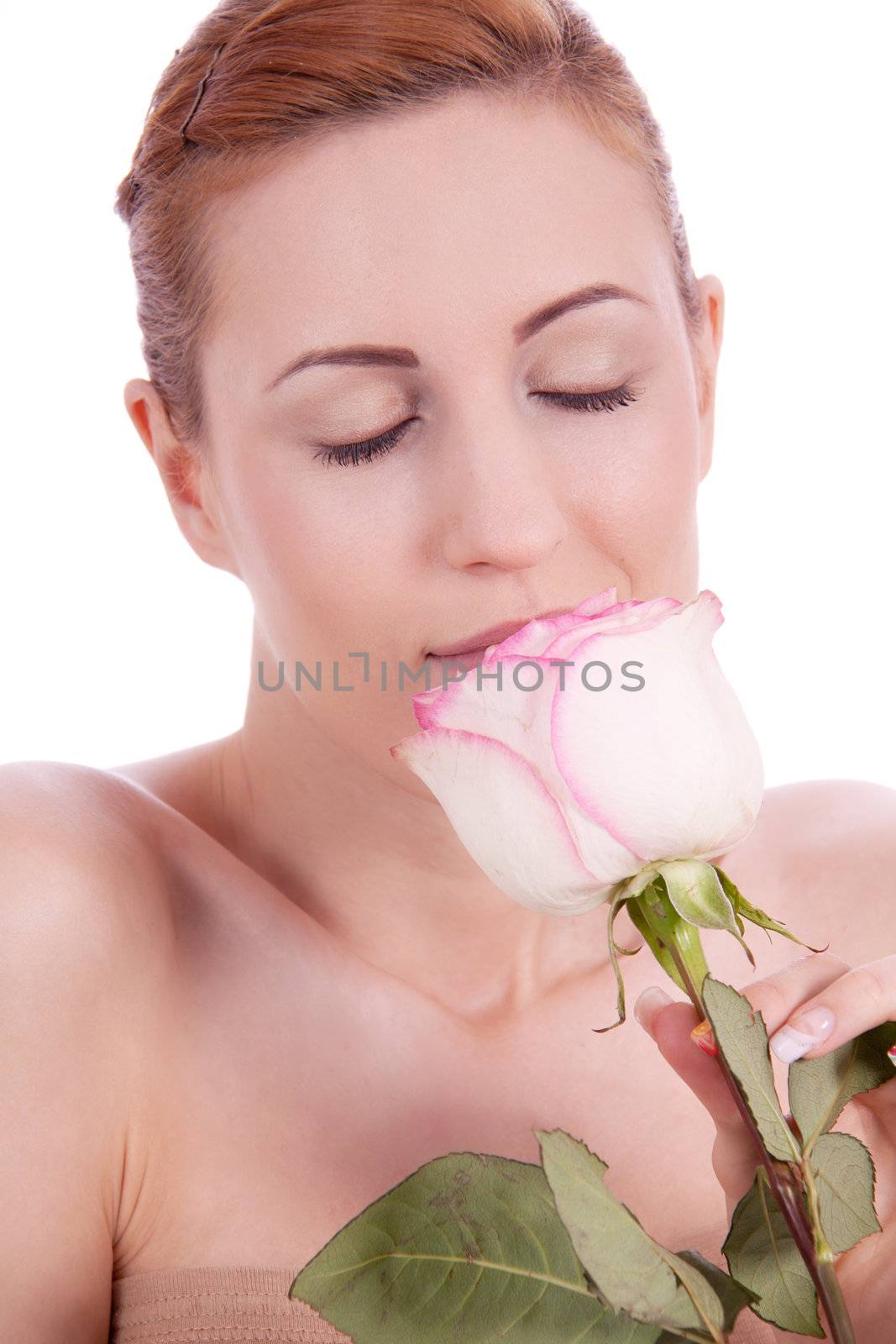 beautiful young woman holding pink rose isolated on white