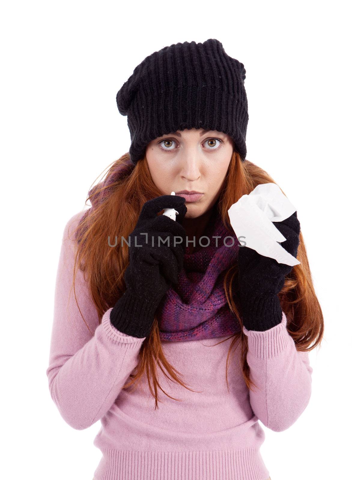 woman with tissue and spray feels unwell with flu isolated on white