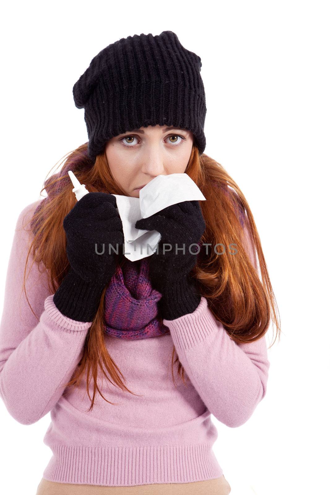 woman with tissue and spray feels unwell with flu isolated on white