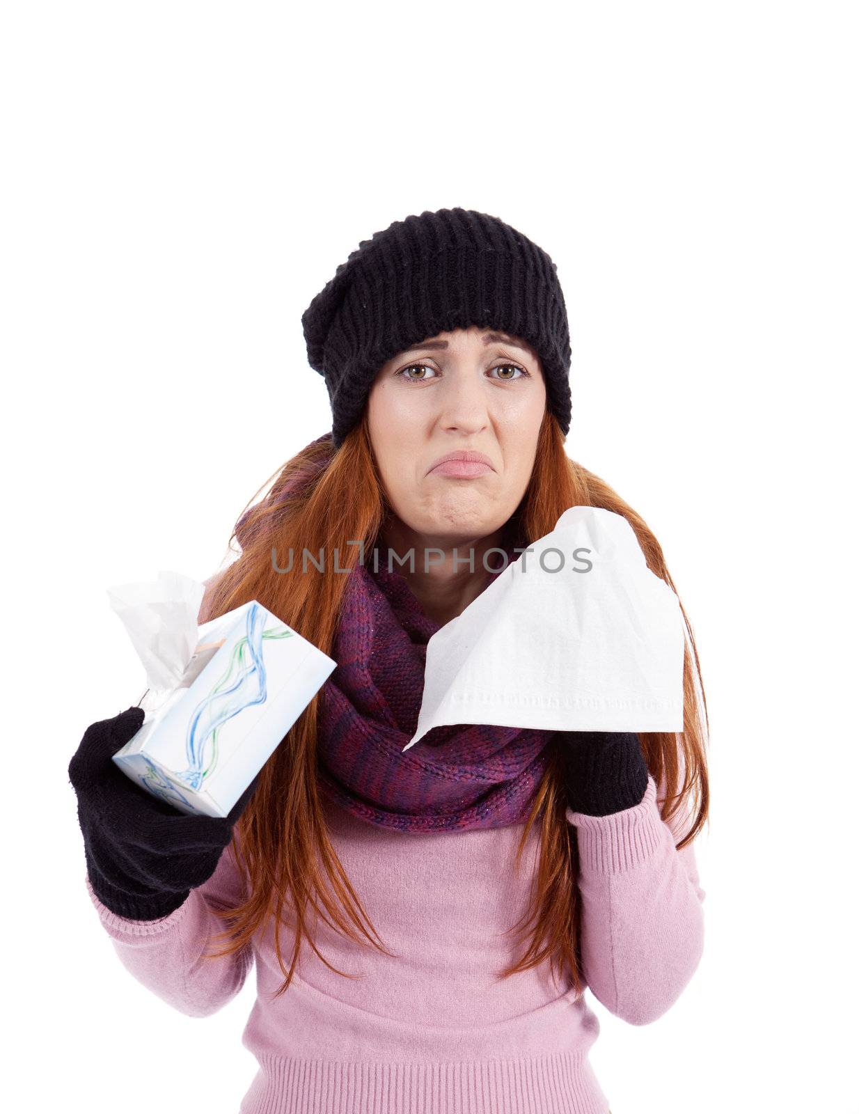 woman with tissue and spray feels unwell with flu isolated on white