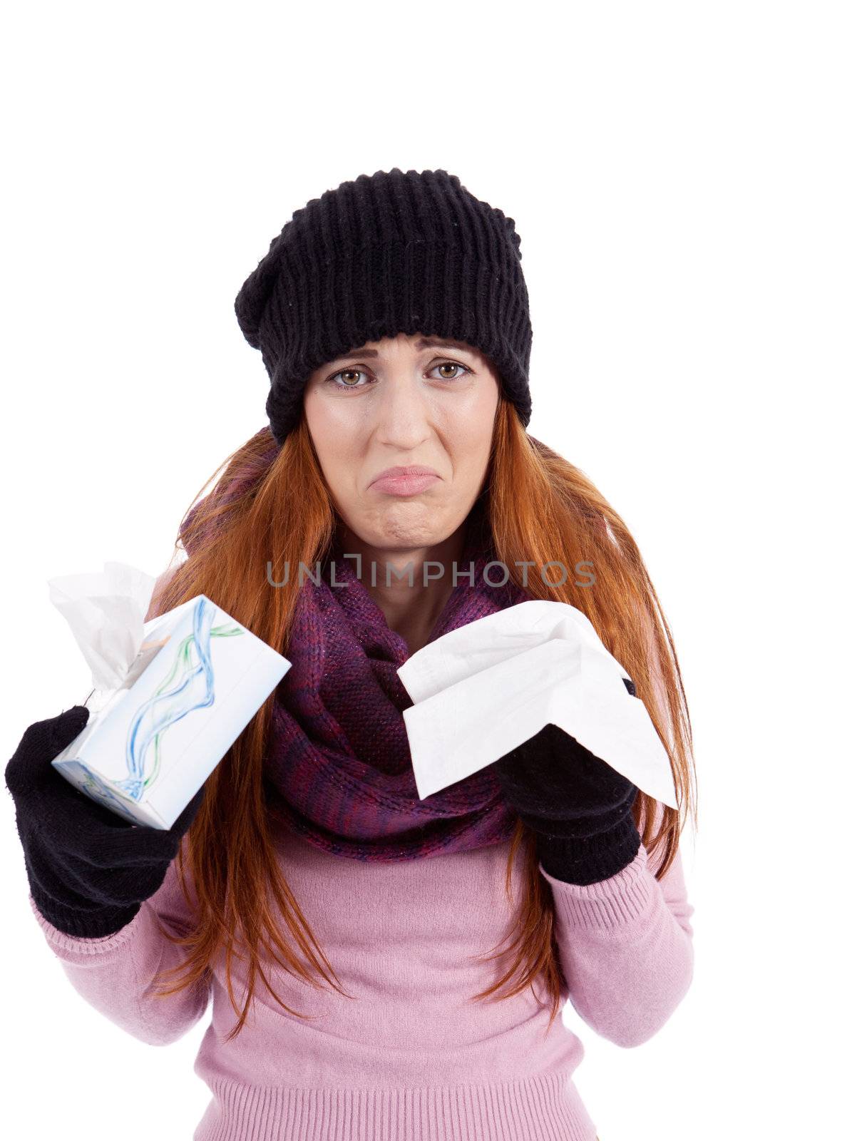 woman with tissue and spray feels unwell with flu isolated on white