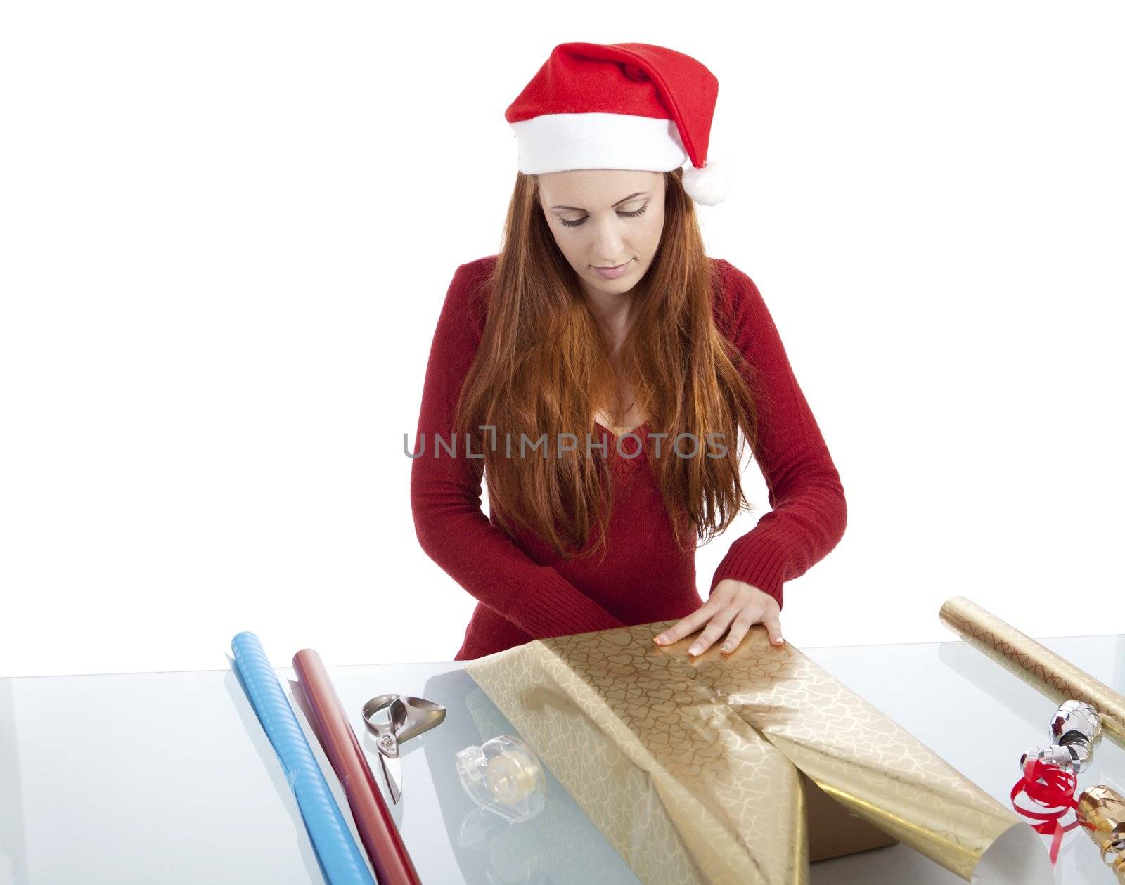 young woman is packing  present for christmas isolated by juniart