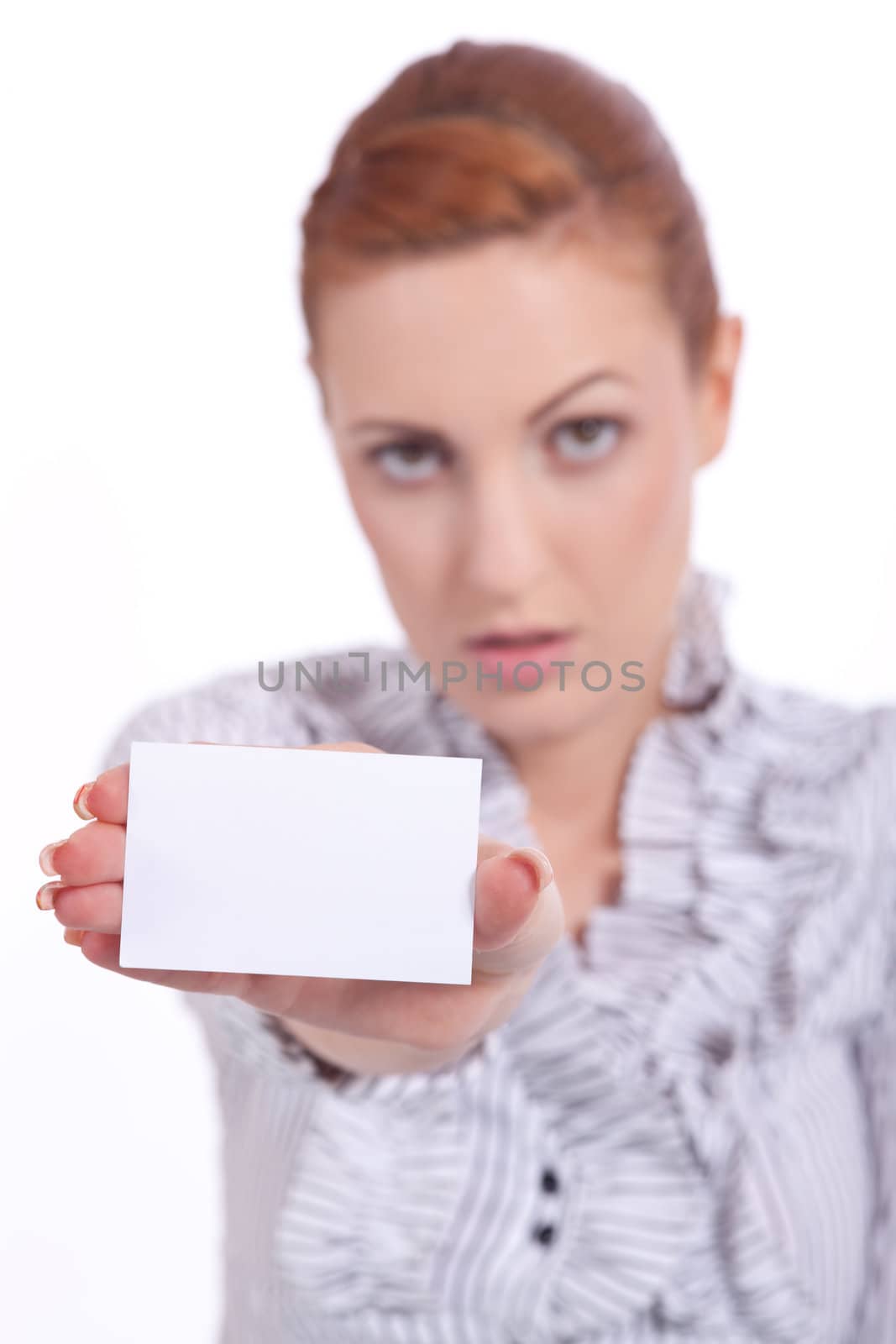 beautiful young girl is holding a blank card in hand isolated