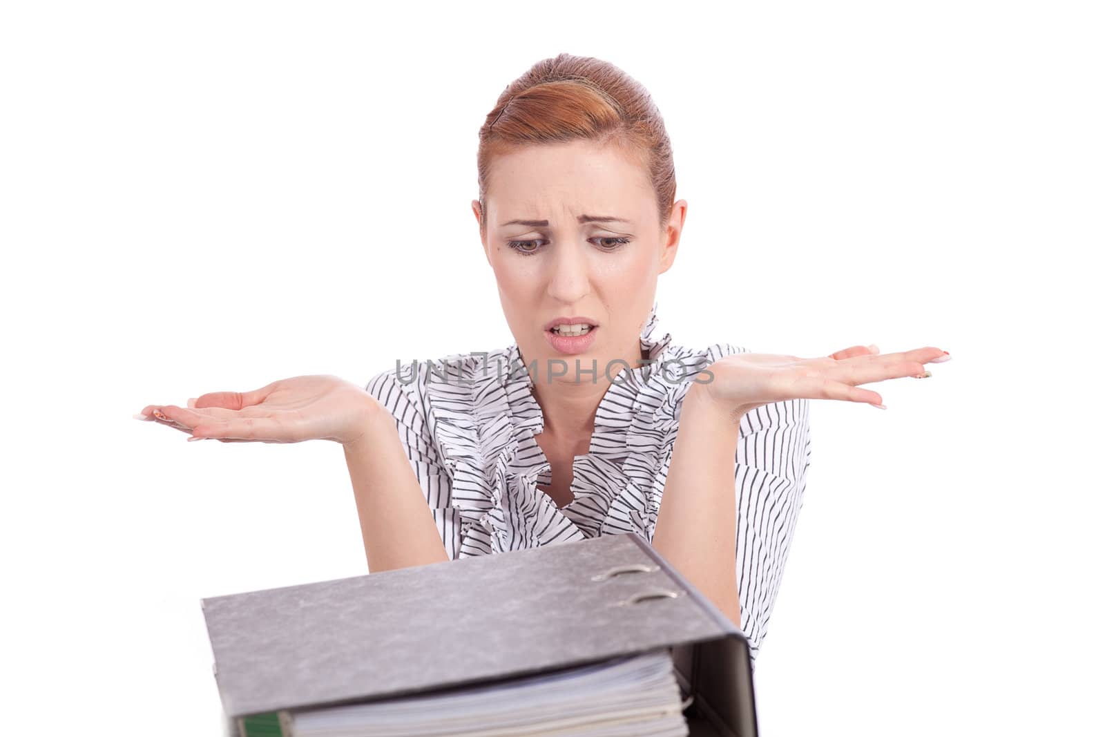 business woman in office looks at unbelievable folder stack by juniart