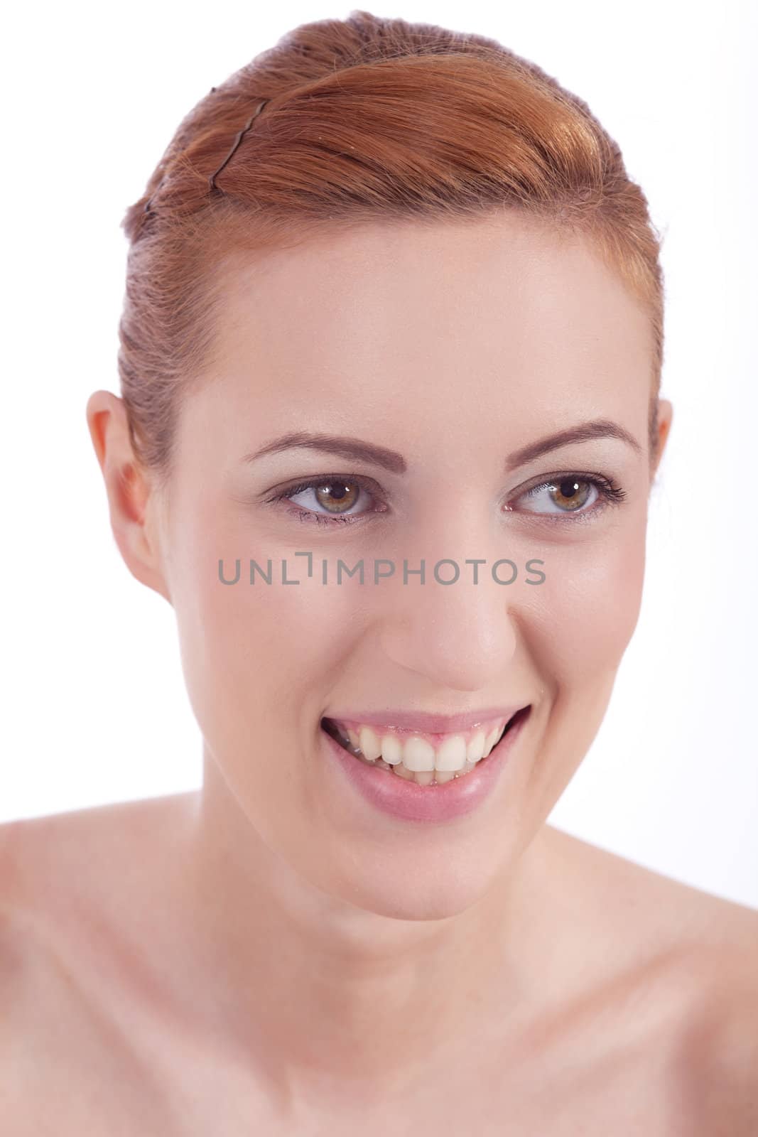 portrait of young beautiful woman with perfect face natural isolated on white