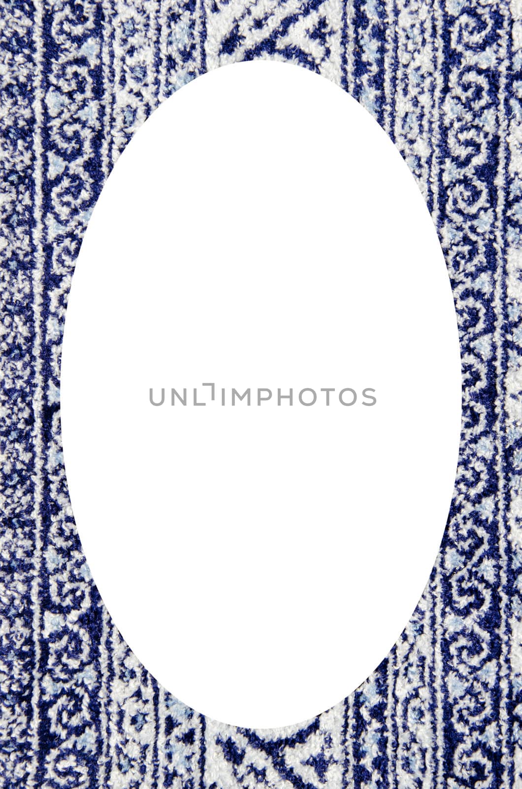 Background ornaments of retro carpet. Old fabric textures. Isolated white oval place for text photograph image in center of frame.