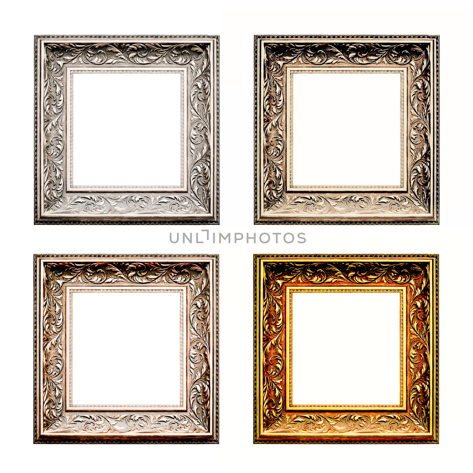 old antique frame set over white background. Gold, silver and bronze.