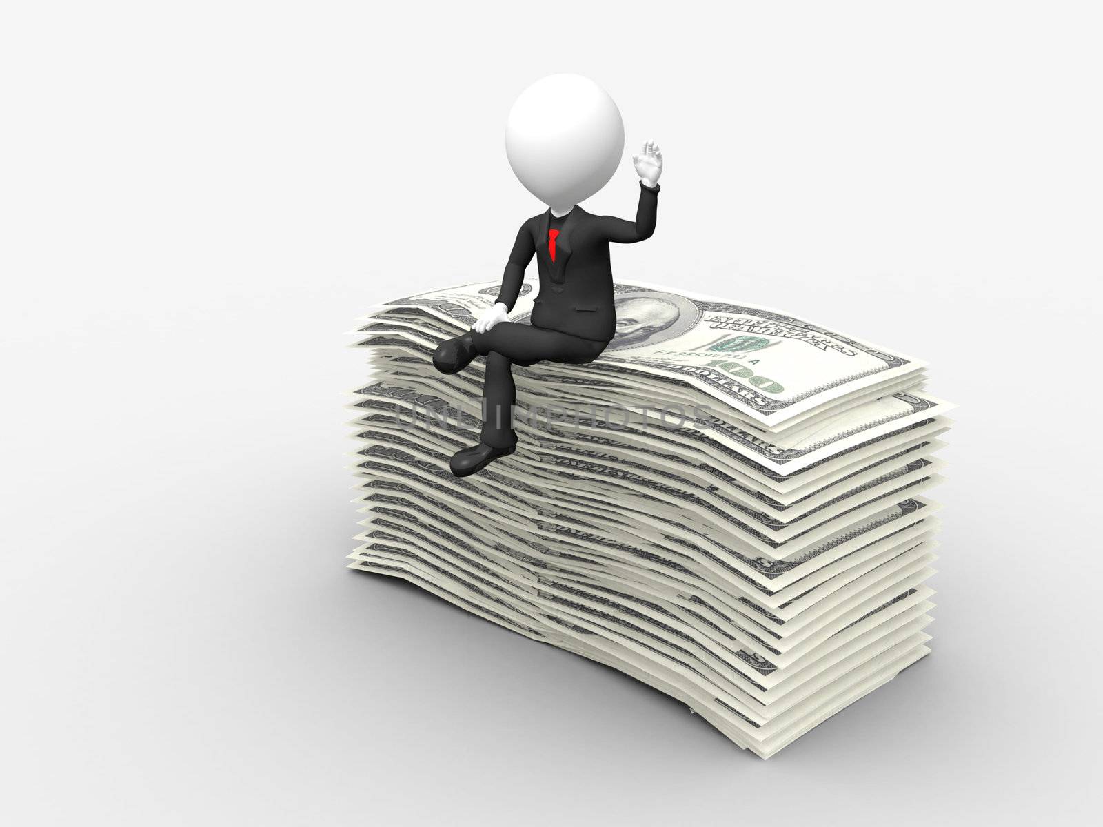 3d businessman sitting on top of stack of dollar with hand raise