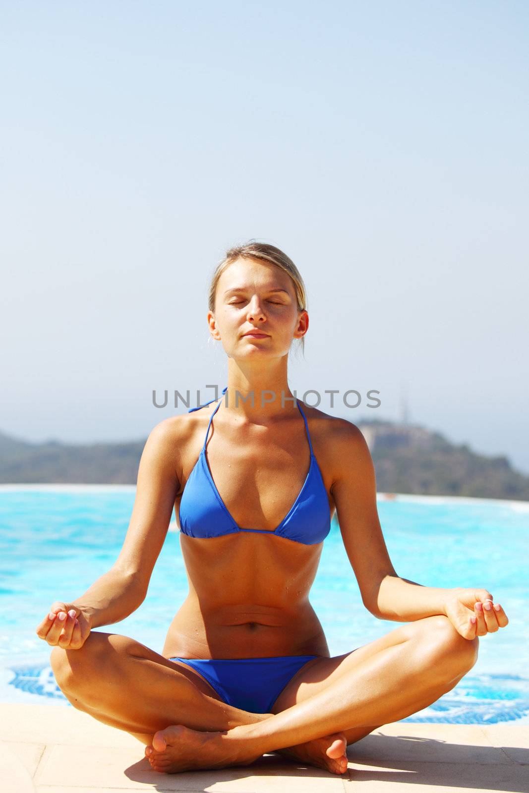 yoga woman pool on background