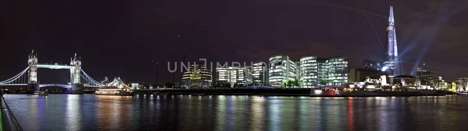 A panoramic view taking the sights of Tower Bridge, London Assembly Building, HMS Belfast and the Shard in London.